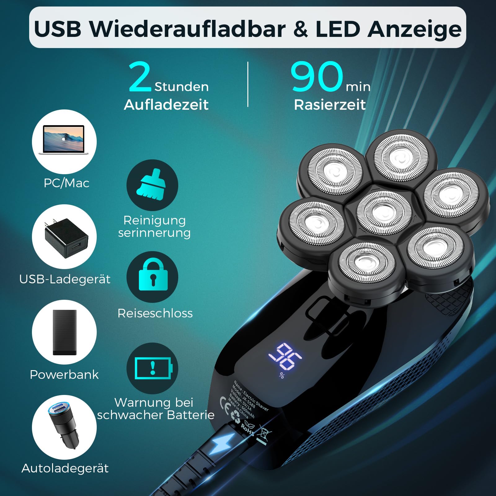 Golarka elektryczna dla łysych mężczyzn KENSEN 5w1 LED 7D wodoodporna - obrazek 3