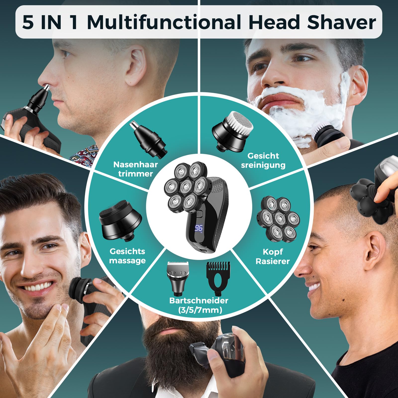 Golarka elektryczna dla łysych mężczyzn KENSEN 5w1 LED 7D wodoodporna - obrazek 6