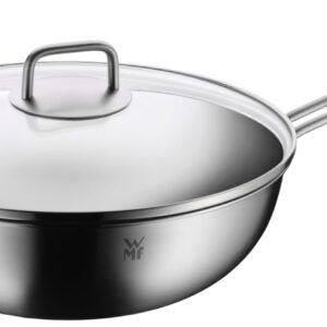WMF Wok indukcyjny 30 cm ze szklaną pokrywką - stal nierdzewna Cromargan, niepowlekana, do piekarnika