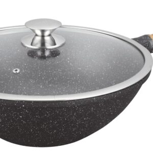 Wok KAMBERG 32 cm 50 litr Stały uchwyt drewniany Odlew aluminiowy Powłoka kamienna Szklana pokrywa Indukcyjne bez PFOA