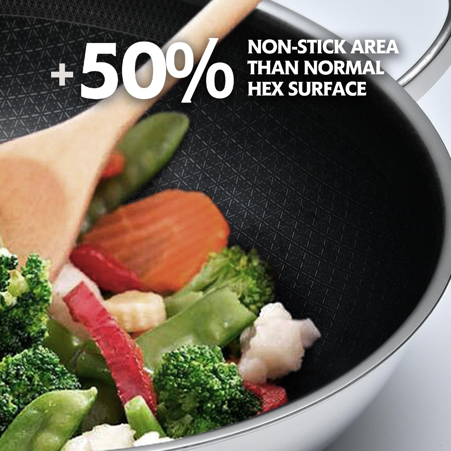 Patelnia wok 30 cm nieprzywierająca ze stali nierdzewnej - bez PFOA, z pokrywką, do kuchenek indukcyjnych, ceramicznych i gazowych - obrazek 5