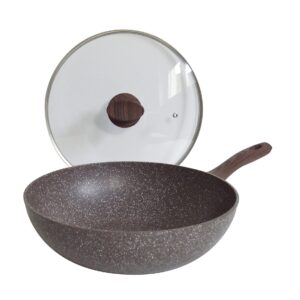 Wok Pintinox Natura 28 cm - aluminium, powłoka nieprzywierająca, uchwyt z efektem drewna, szklana pokrywa, indukcja