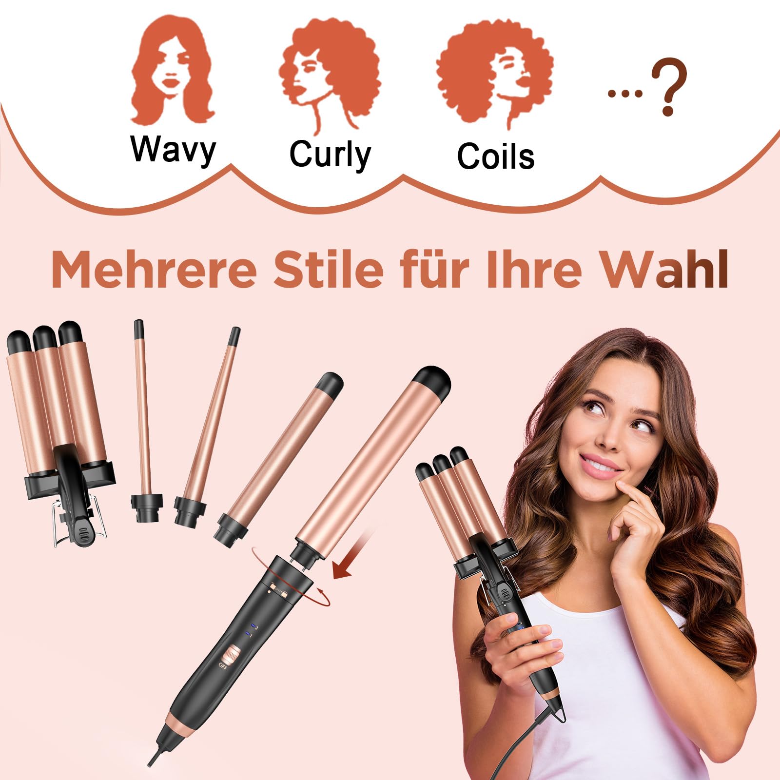 BESTOPE MIX Lokówka do włosów, 5 w 1, 3 beczki, z różnymi końcówkami, - obrazek 4