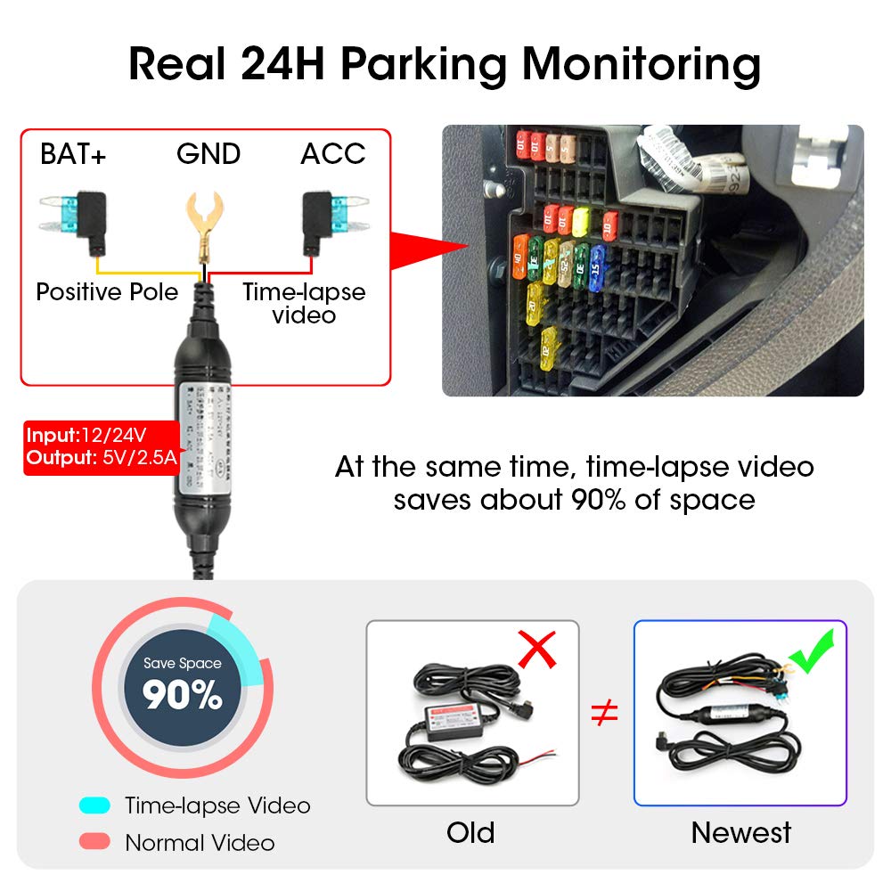 Jansite Kamera Samochodowa 24H 1080P z Hardwire Kit - Podwójna, Noktowizor - obrazek 6