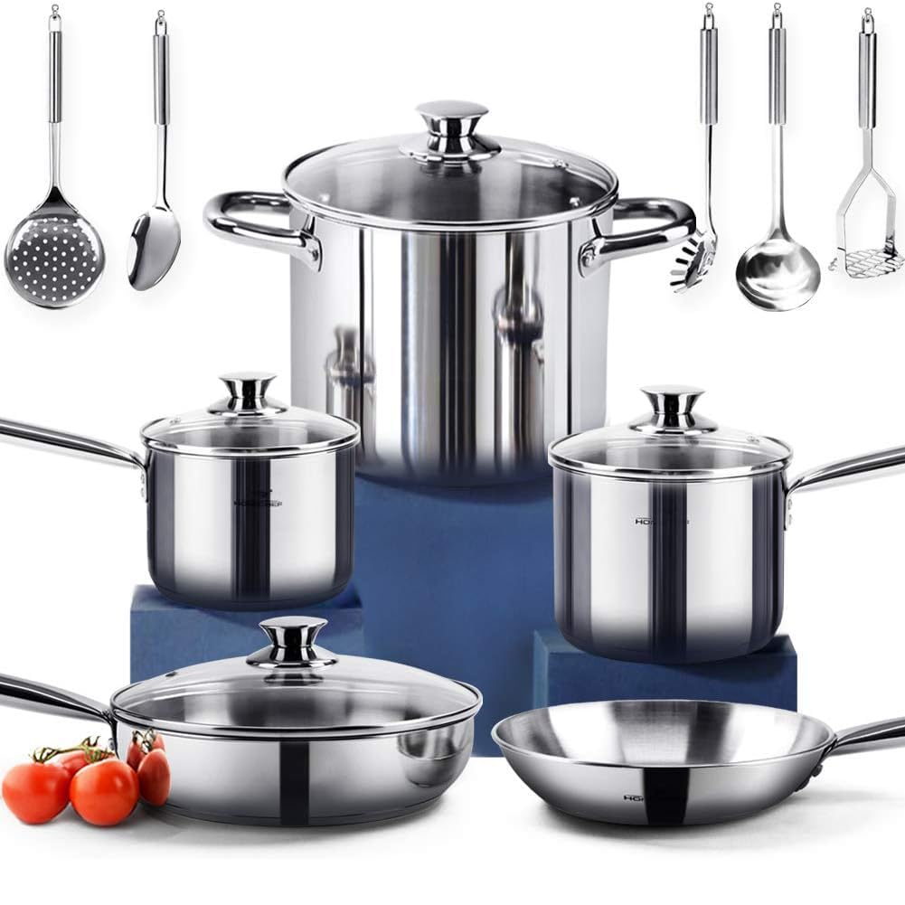 HOMI Chef 14-częściowy zestaw garnków ze stali nierdzewnej – zdrowe naczynia kuchenne