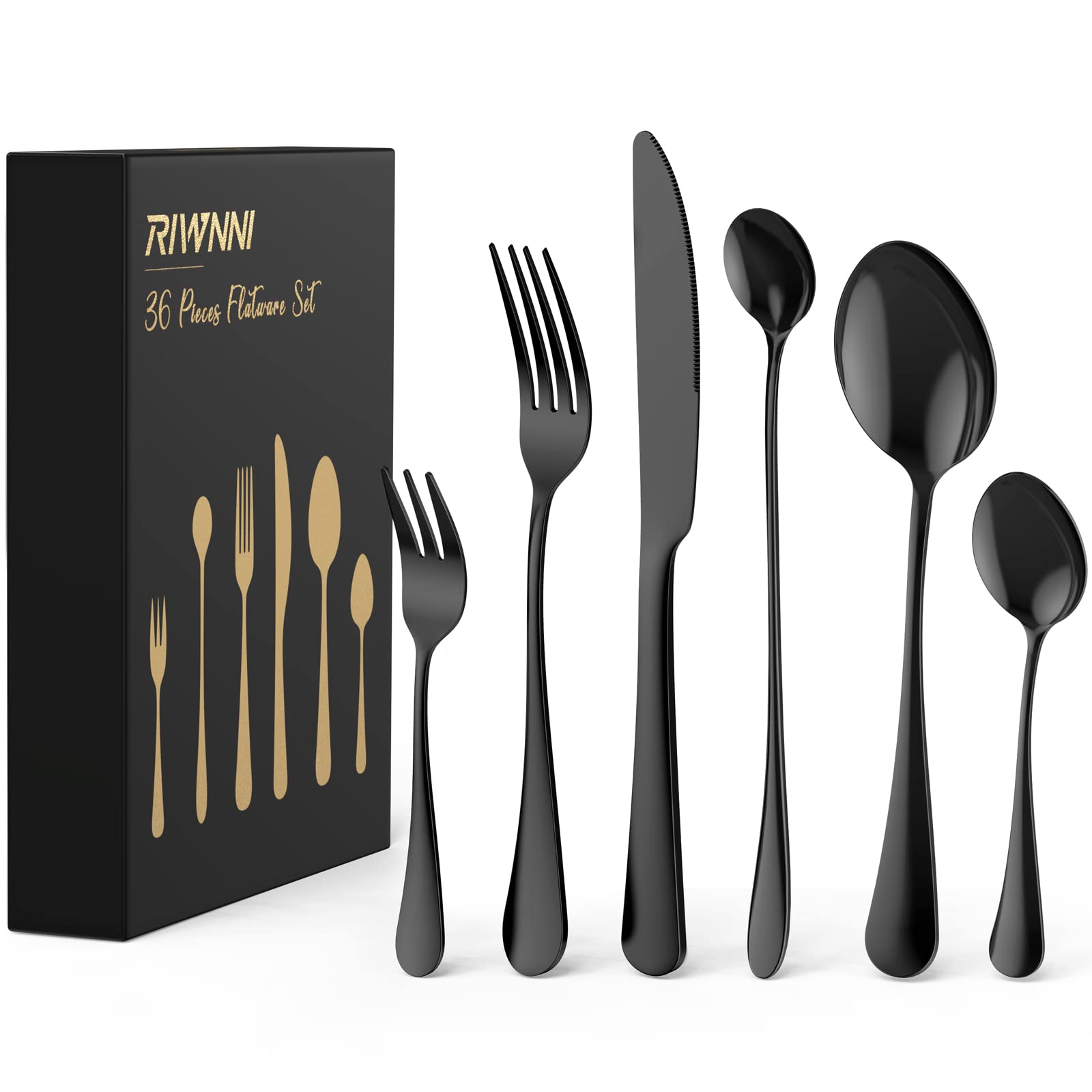RIWNNI 36-częściowy zestaw sztućców dla 6 osób – czarne, polerowane ze stali nierdzewnej