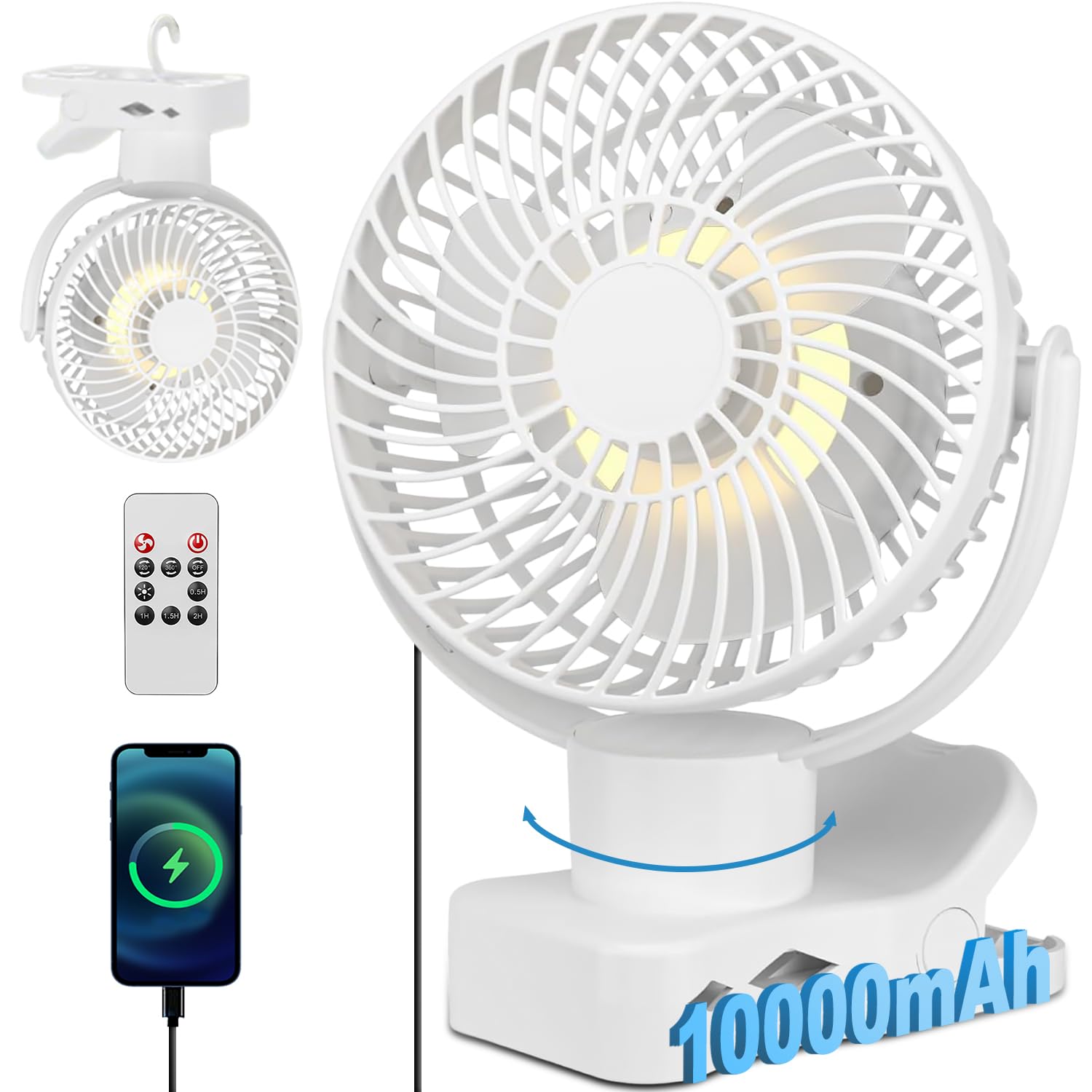 360°Oscylujący wentylator biurkowy, 10000 mAh Mini Wentylator USB Cich