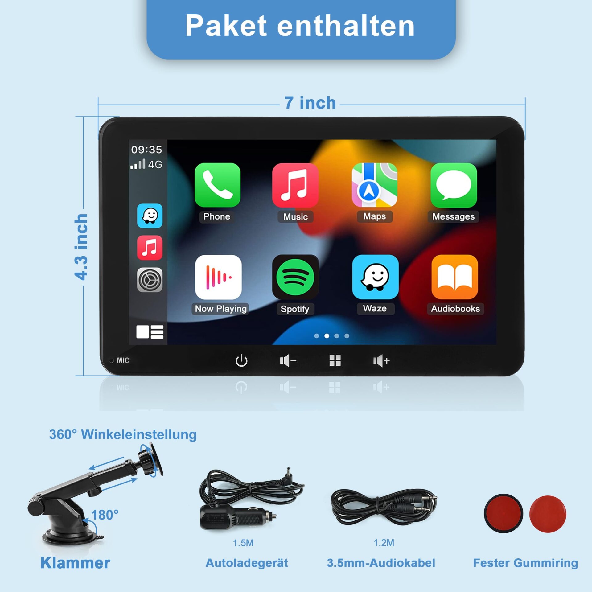 Wyświetlacz samochodowy kompatybilny z CarPlayy i Android Auto radio Wireless Connect przenośny ekran dotykowy Android Carplay 7-calowy ekran dotykowy IPS 1080p Siri Assistant (7 cali) - obrazek 5