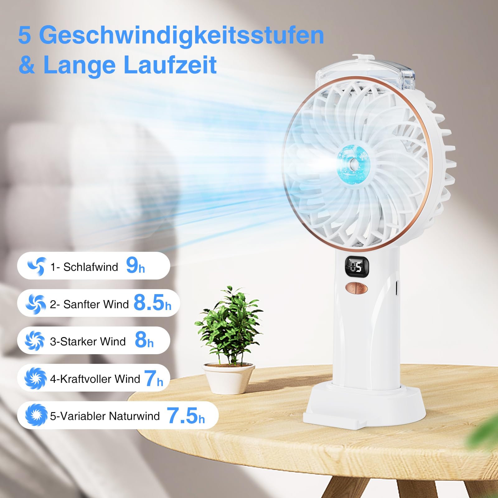 Przenośny Wiatrak Do Ręki z Rozpylaczem - 4000mAh Ładowanie USB, 5 Reg - obrazek 5