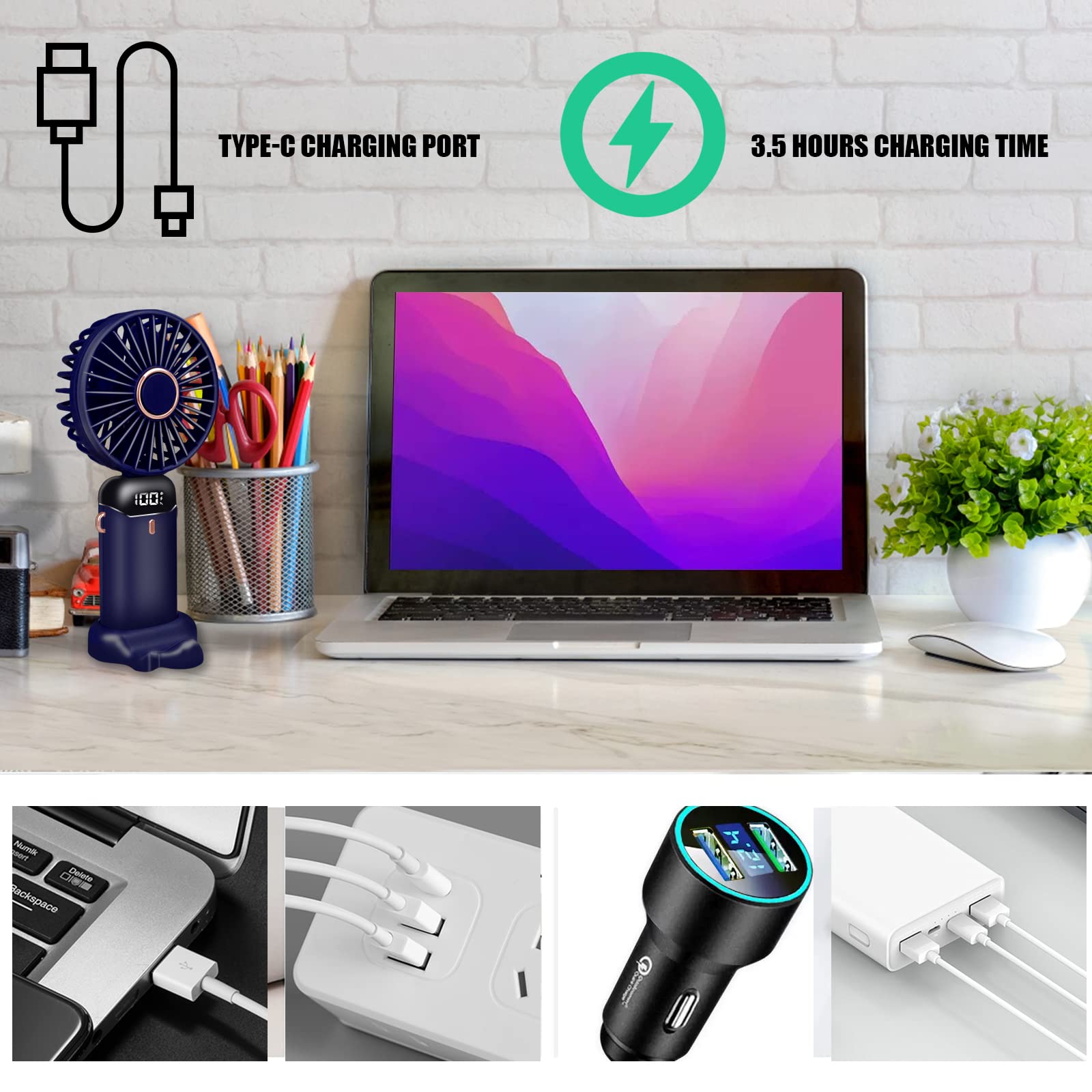 Jsdoin Wentylator ręczny, przenośny ręczny wentylator USB z 5 prędkośc - obrazek 3