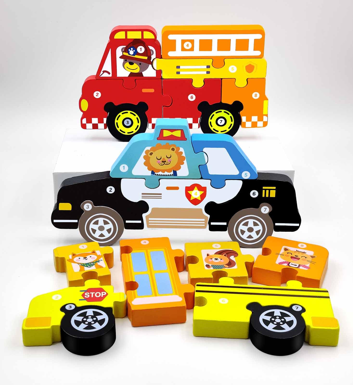 Drewniane Puzzle Montessori Dr. MUYA - Samochody Strażacki i Policyjny 3-5 lat - obrazek 2