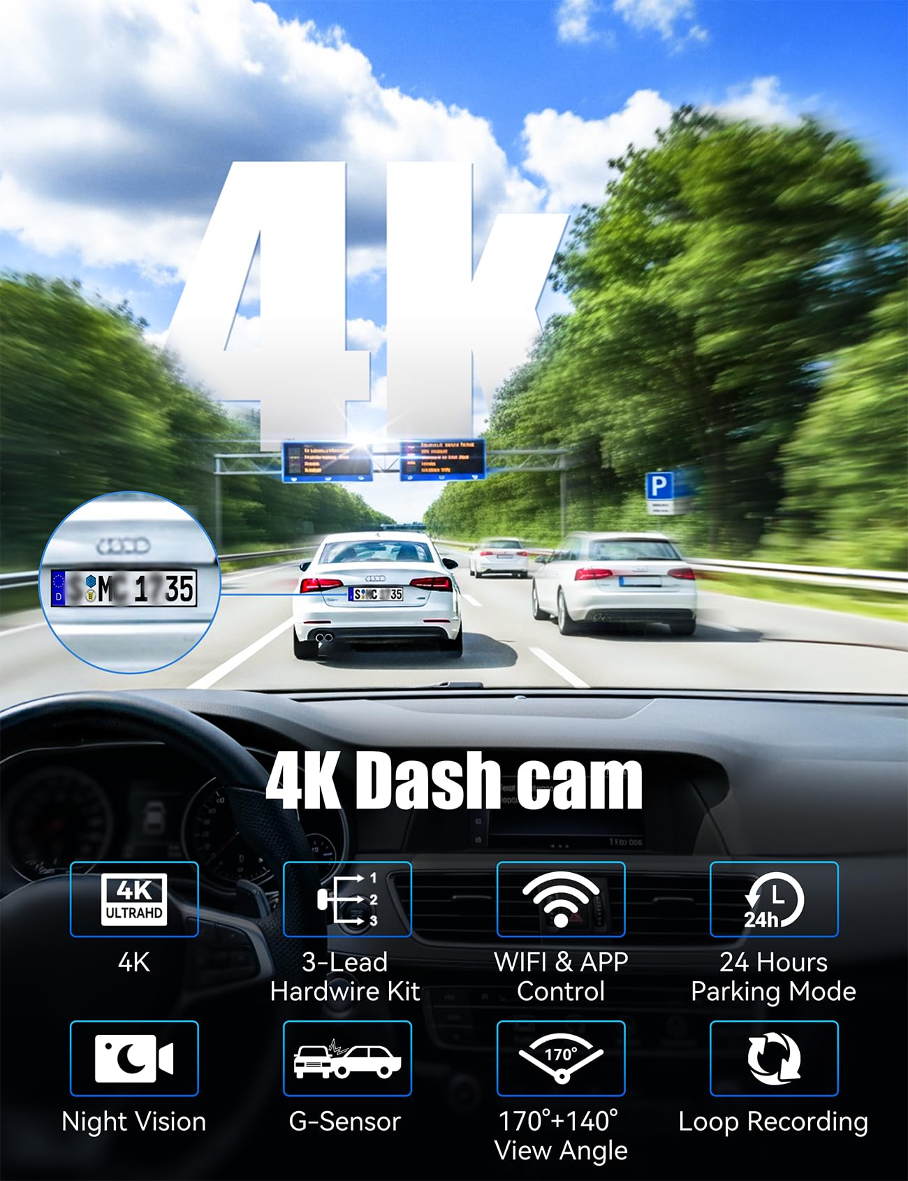 Kamera samochodowa 4K 1080p WiFi 170° z kartą 64 GB, WDR, nocny tryb, 24/7 - obrazek 8