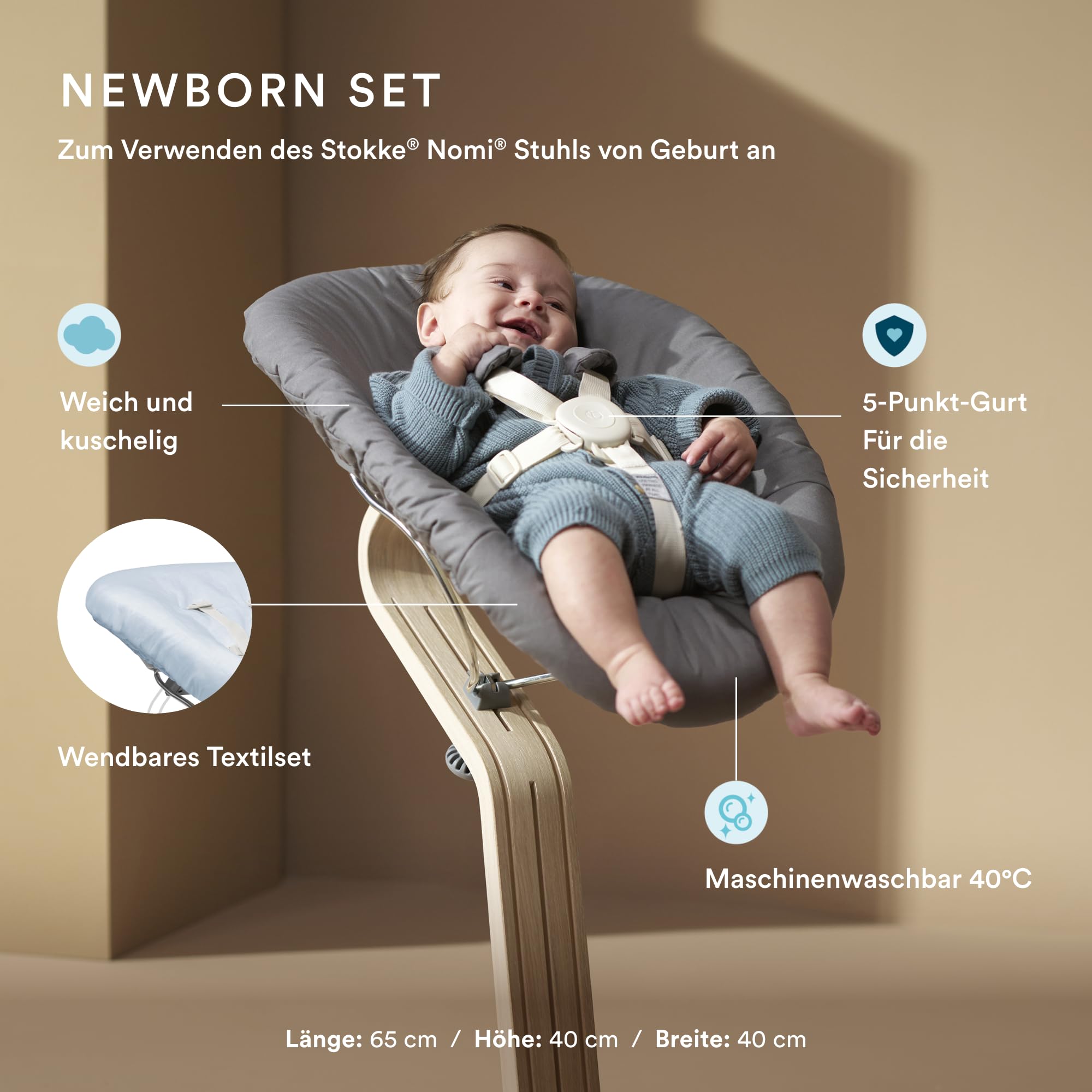 Dębowe krzesełko Stokke Nomi (szare) z zestawem dla noworodka (szary/s - obrazek 7