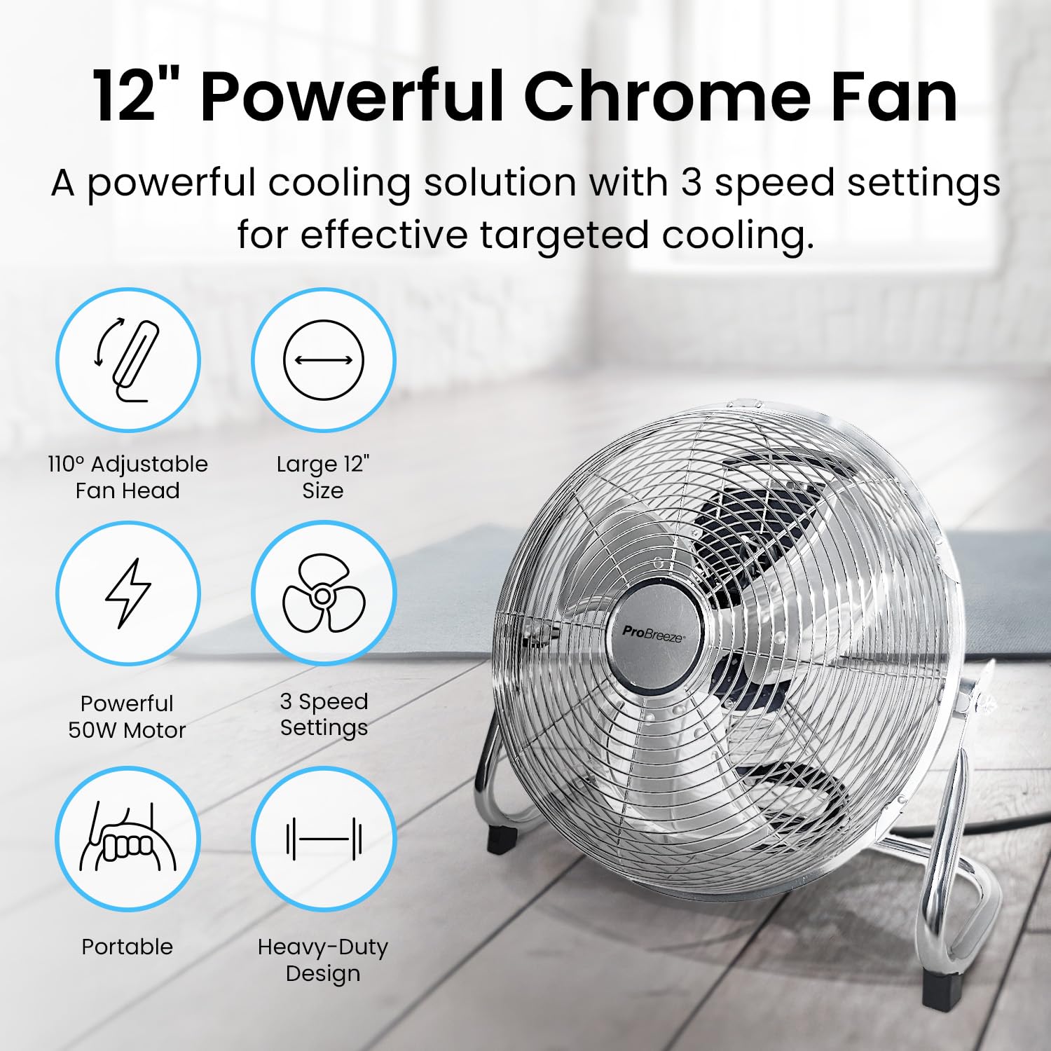 Przenośny wentylator Pro Breeze 12″ Chrome z oscylacją i 3 prędkościami - obrazek 8
