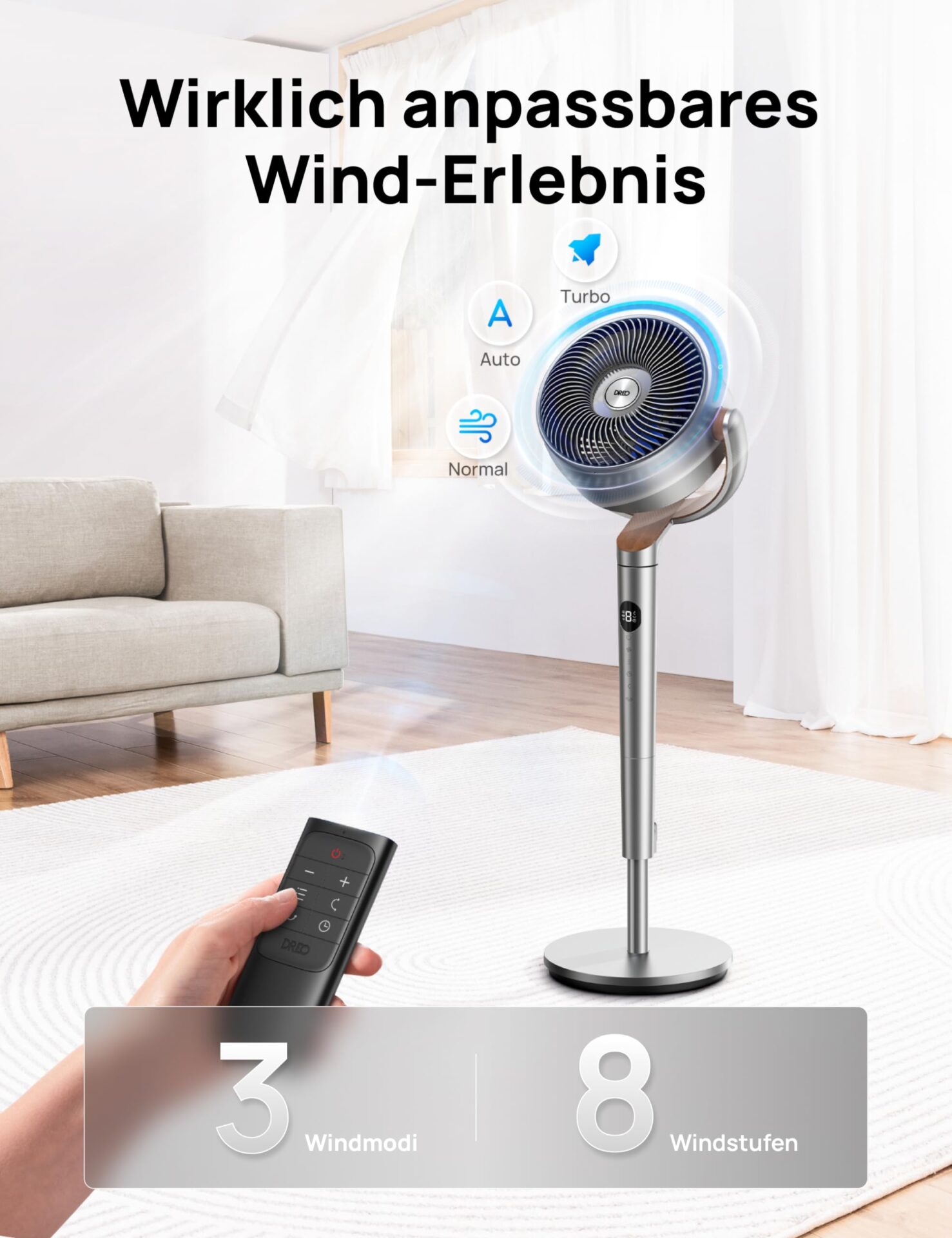 Cichy wentylator stojący Dreo 23 dB, oscylacja 120°, turbo cyrkulator powietrza - obrazek 3