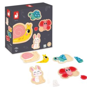 Janod 4 drewniane 2-5 sztuk puzzli zwierzęta ogrodowe zabawki dla dzie