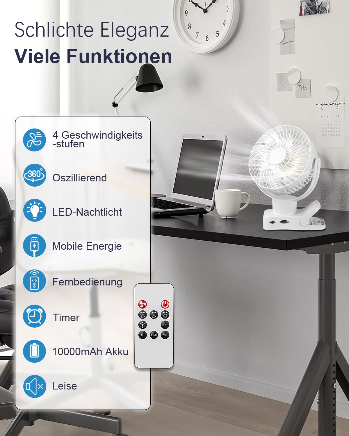 360°Oscylujący wentylator biurkowy, 10000 mAh Mini Wentylator USB Cich - obrazek 7