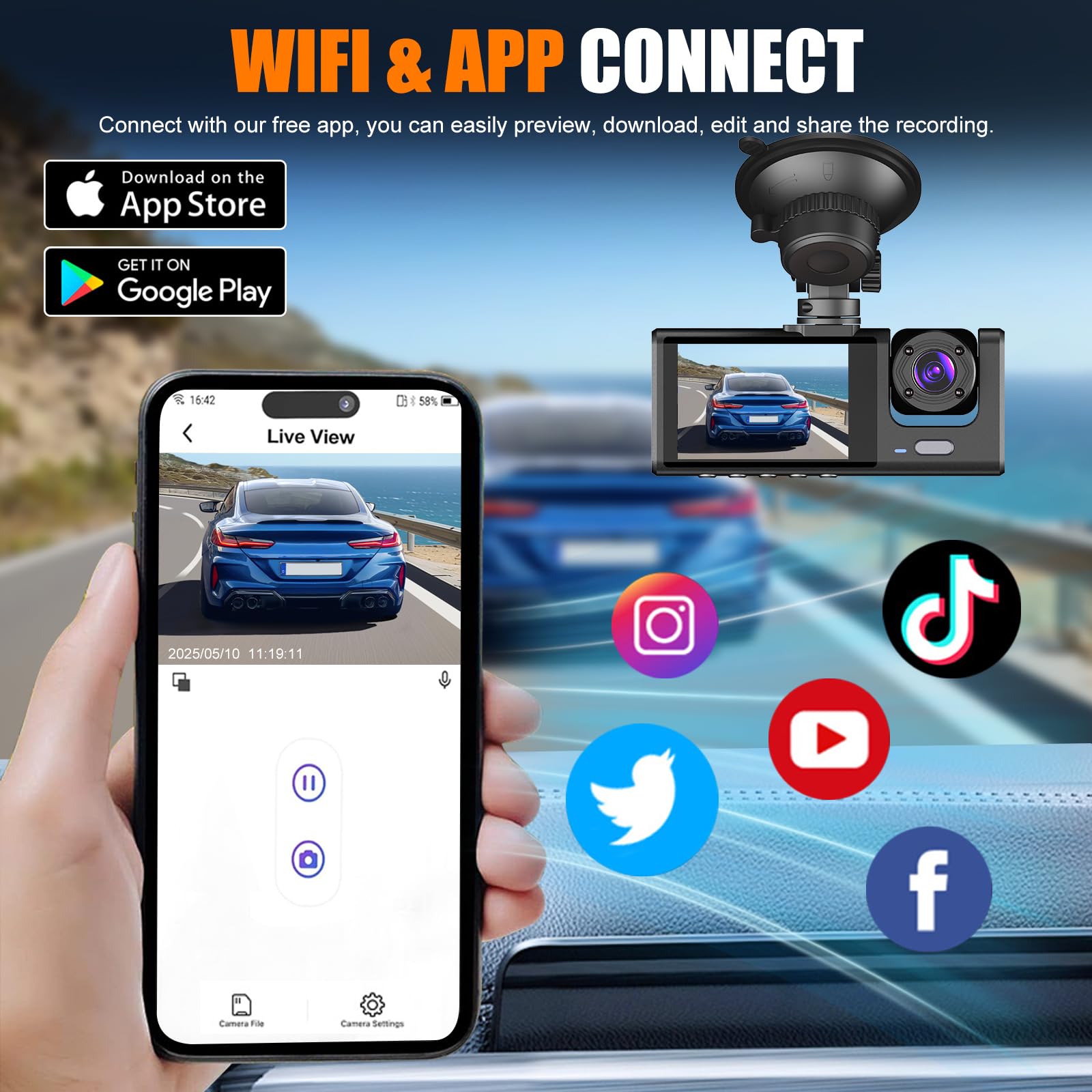 Kamera samochodowa 4K 1080P 3-kanałowa 170° z WiFi i noktowizorem - obrazek 3