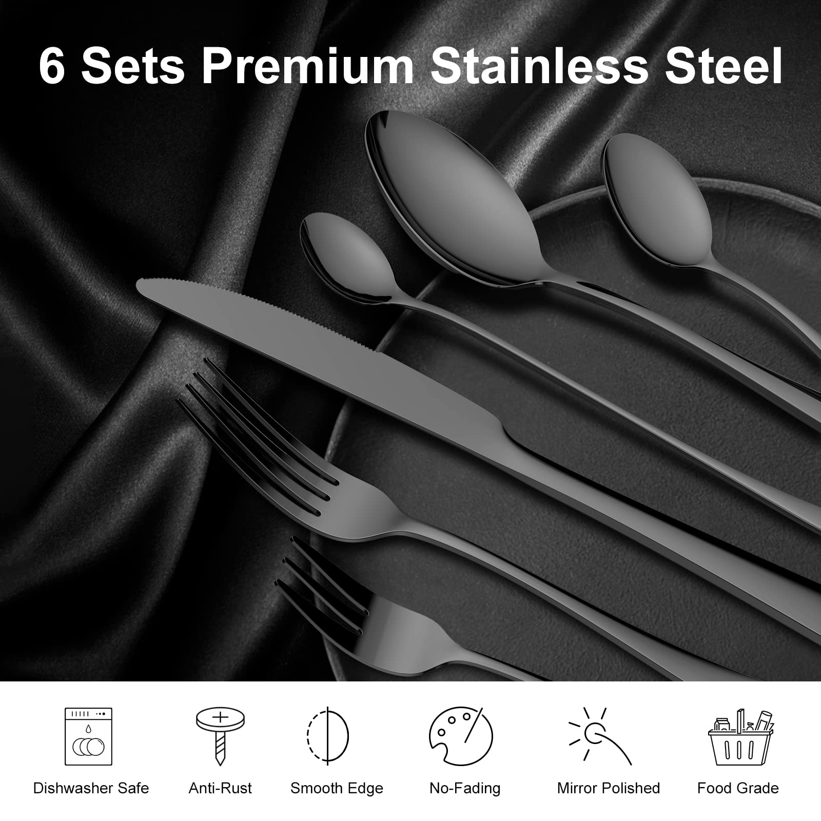 RIWNNI 36-częściowy zestaw sztućców dla 6 osób – czarne, polerowane ze stali nierdzewnej - obrazek 5