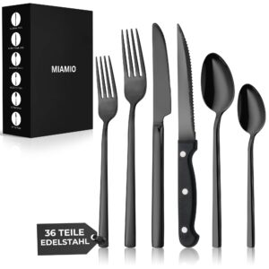 MIAMIO Zestaw Sztućców 36-Częściowy dla 6 Osób – Stal Nierdzewna, Czarny Matowy