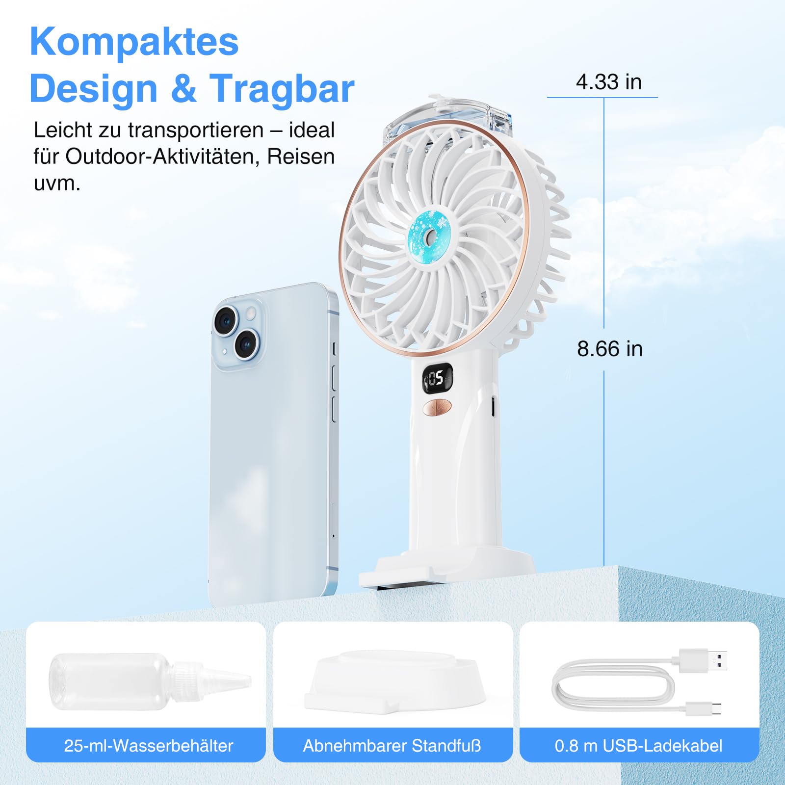 Przenośny Wiatrak Do Ręki z Rozpylaczem - 4000mAh Ładowanie USB, 5 Reg - obrazek 2
