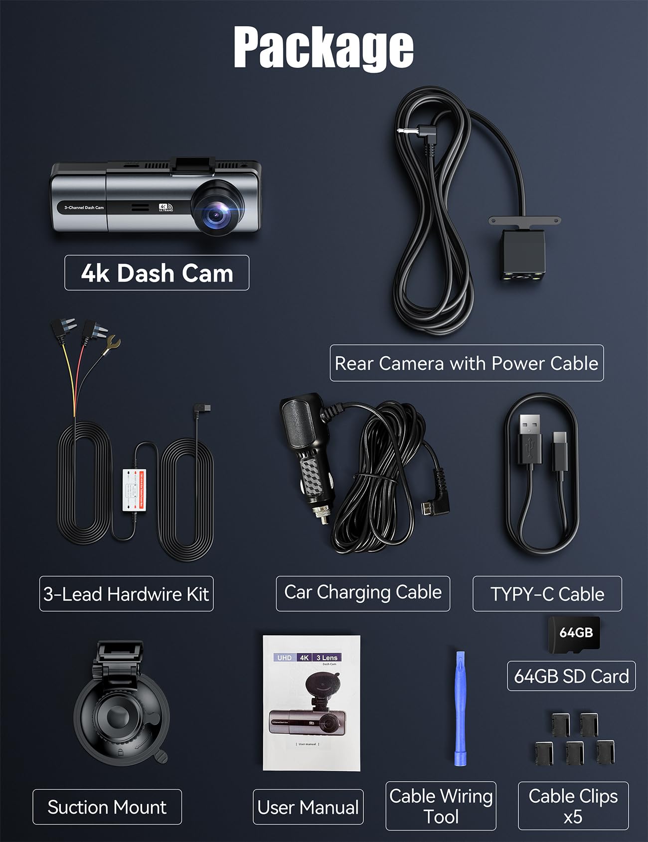 Kamera samochodowa 4K 1080p WiFi 170° z kartą 64 GB, WDR, nocny tryb, 24/7 - obrazek 2