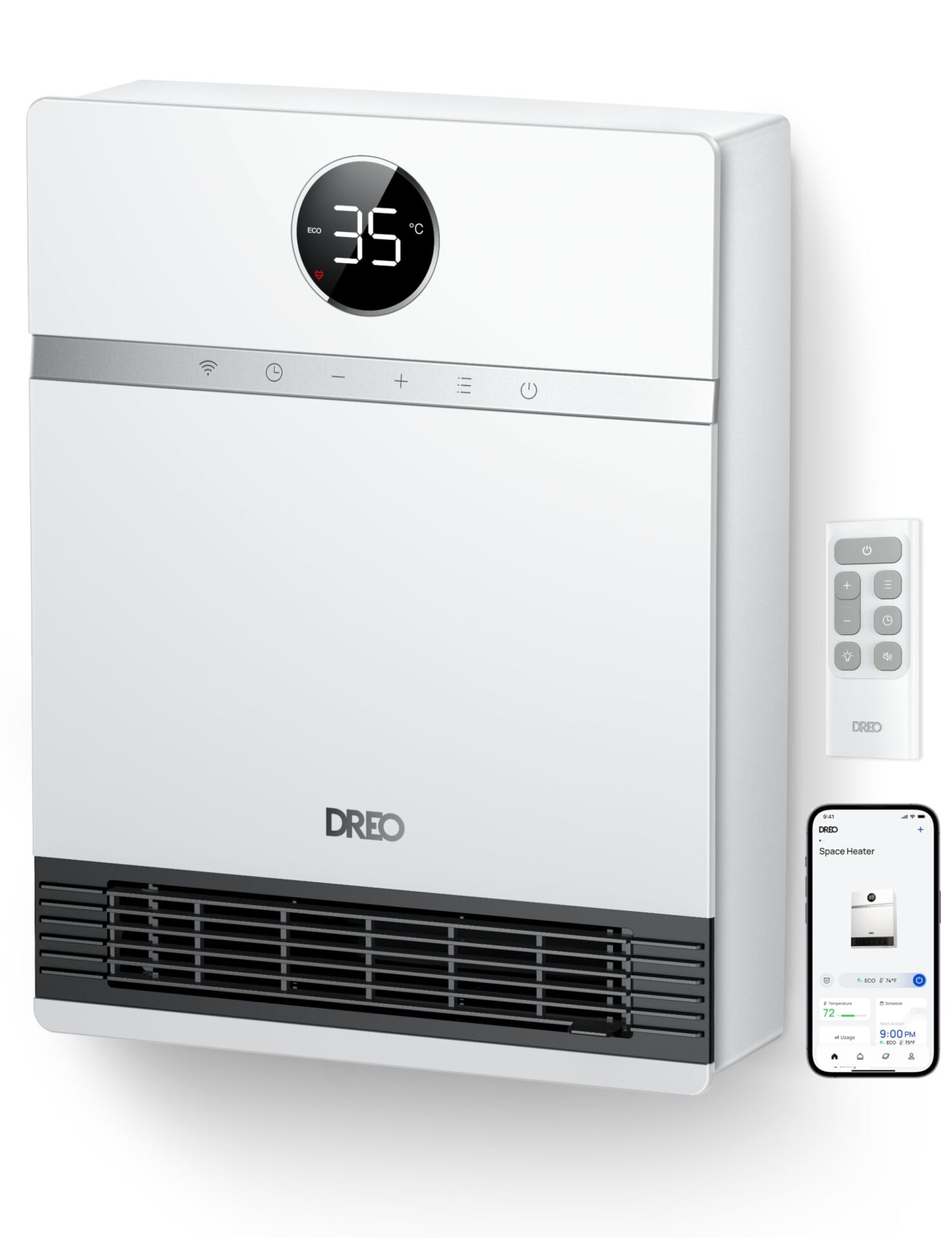 Dreo Inteligentny konwektor ścienny, wylot wentylatora 30°, 2000 W, re