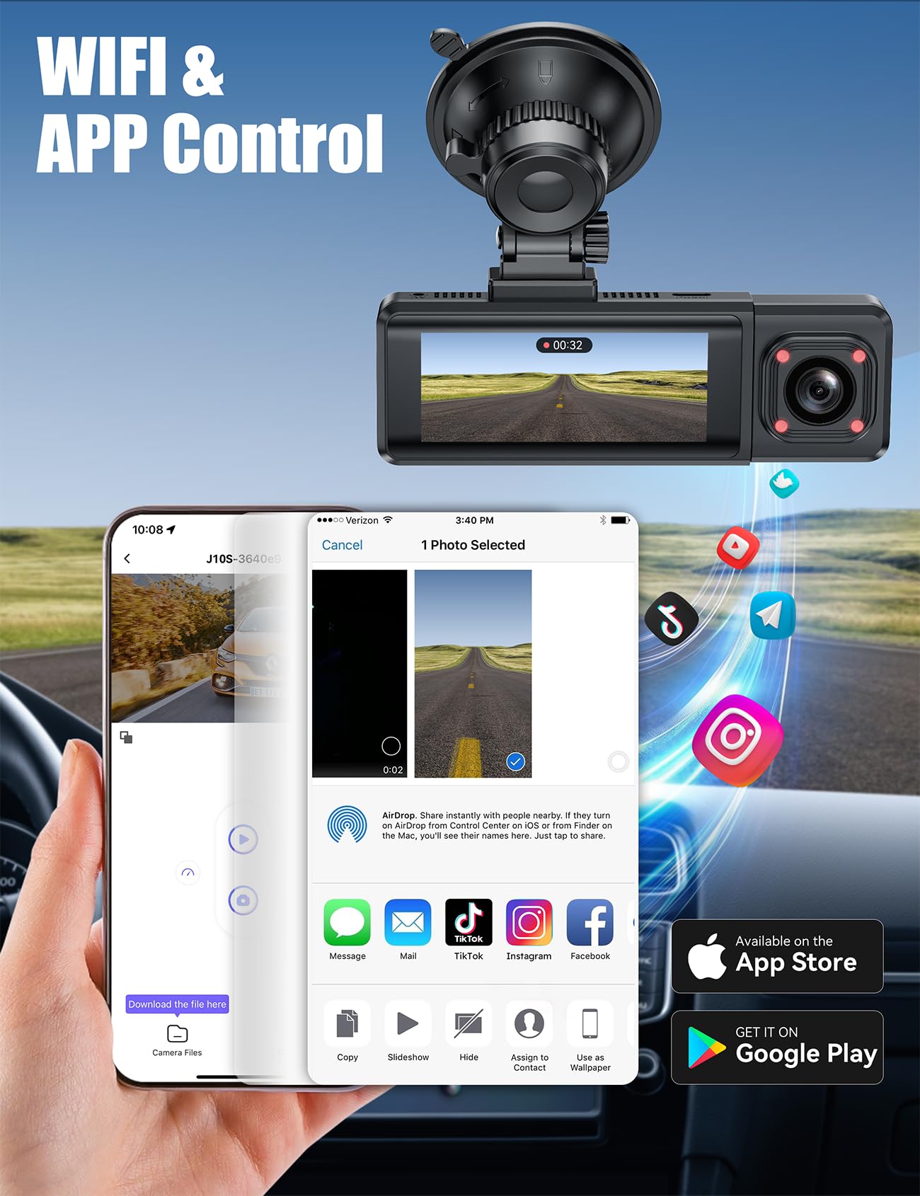 Kamera samochodowa 4K 1080p WiFi 170° z kartą 64 GB, WDR, nocny tryb, 24/7 - obrazek 3