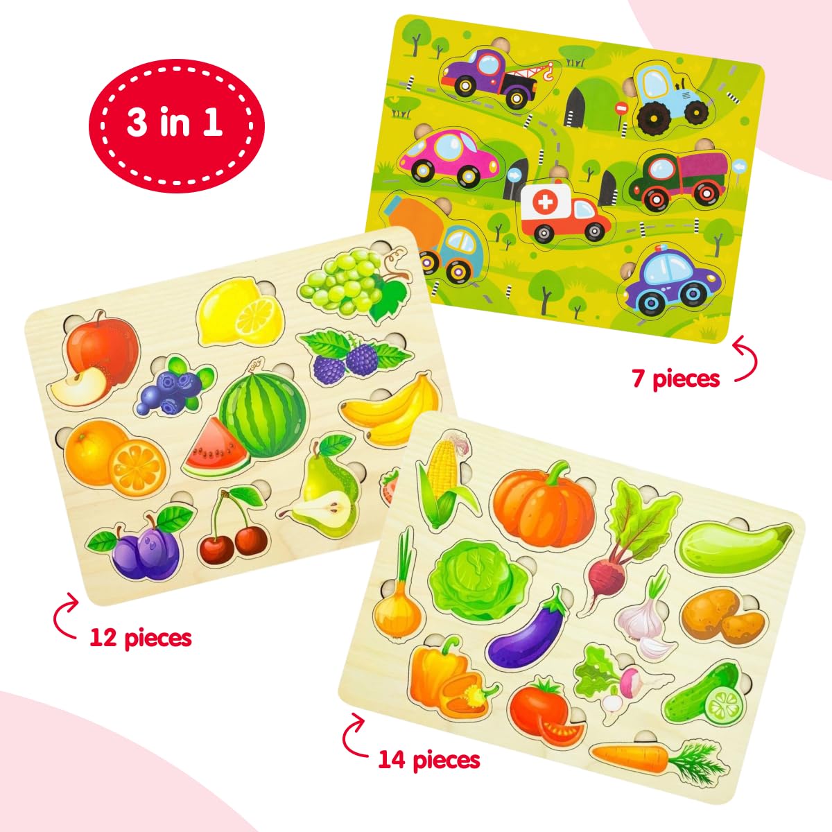FANCY BABY Drewniane Puzzle Montessori 3w1, Zestaw Układanek dla Dziec - obrazek 7