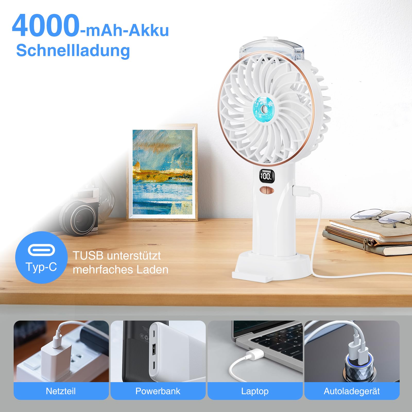 Przenośny Wiatrak Do Ręki z Rozpylaczem - 4000mAh Ładowanie USB, 5 Reg - obrazek 6