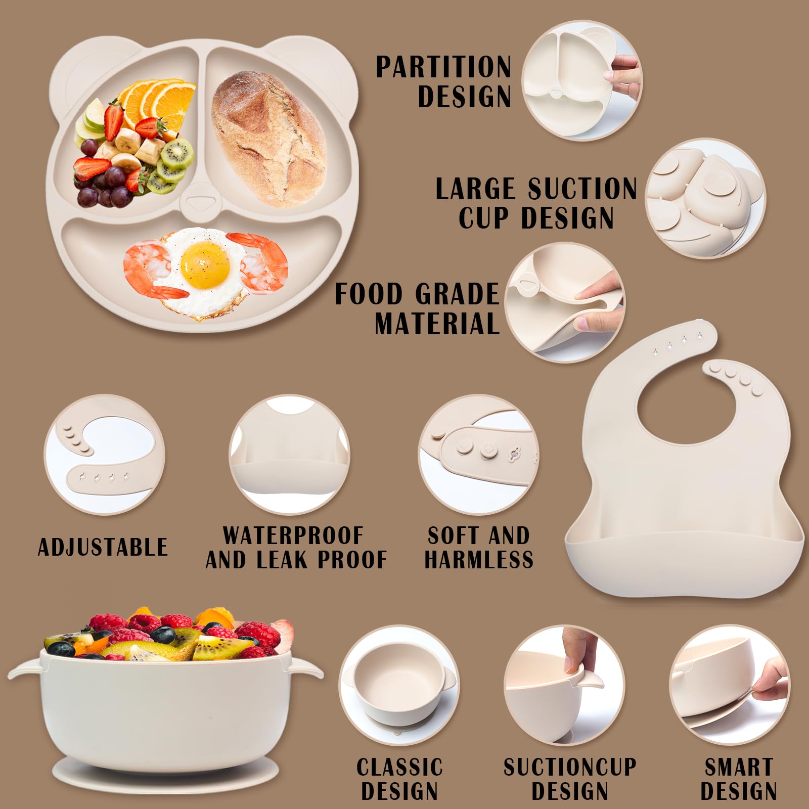 10 sztuk, Silikonowy zestaw naczyń dla niemowląt, antypoślizgowy, z pr - obrazek 6