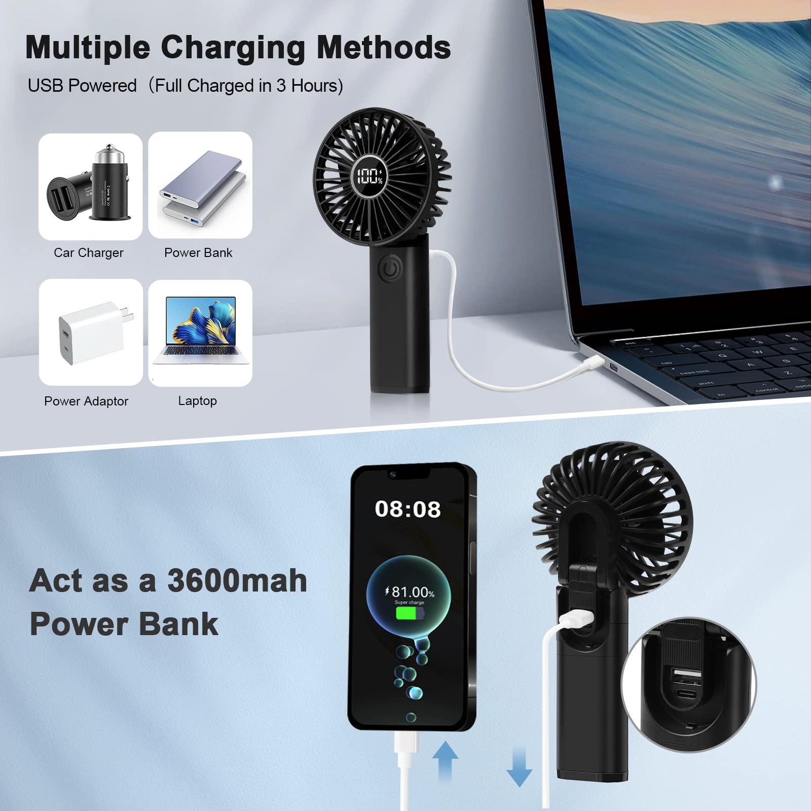 Przenośny mini wentylator USB 3600 mAh z 6 prędkościami - cichy, ręczny - obrazek 4