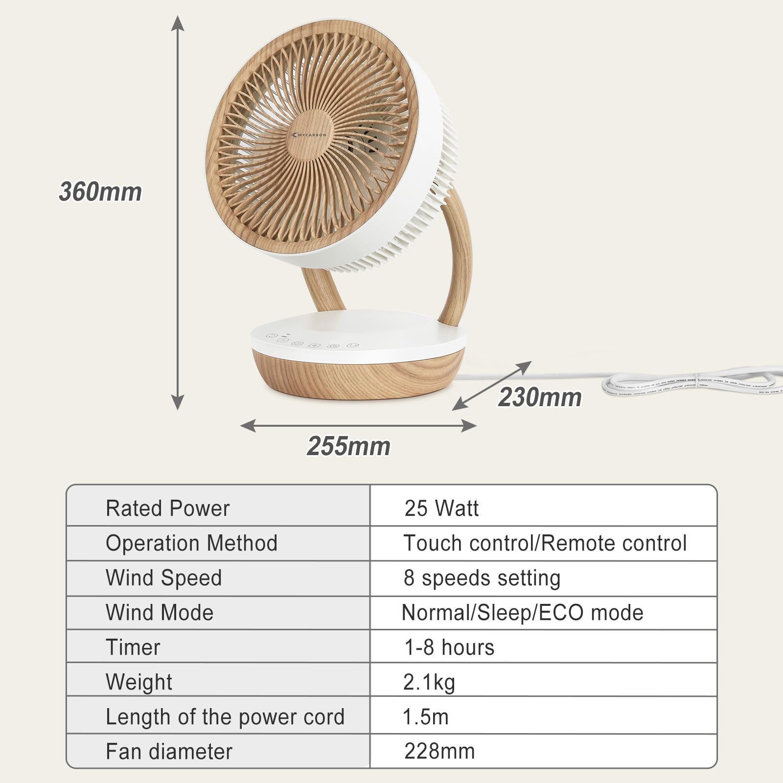 Cichy wentylator MYCARBON DC 20 dB 1850 m³/h do sypialni, 8 trybów Eco - obrazek 2