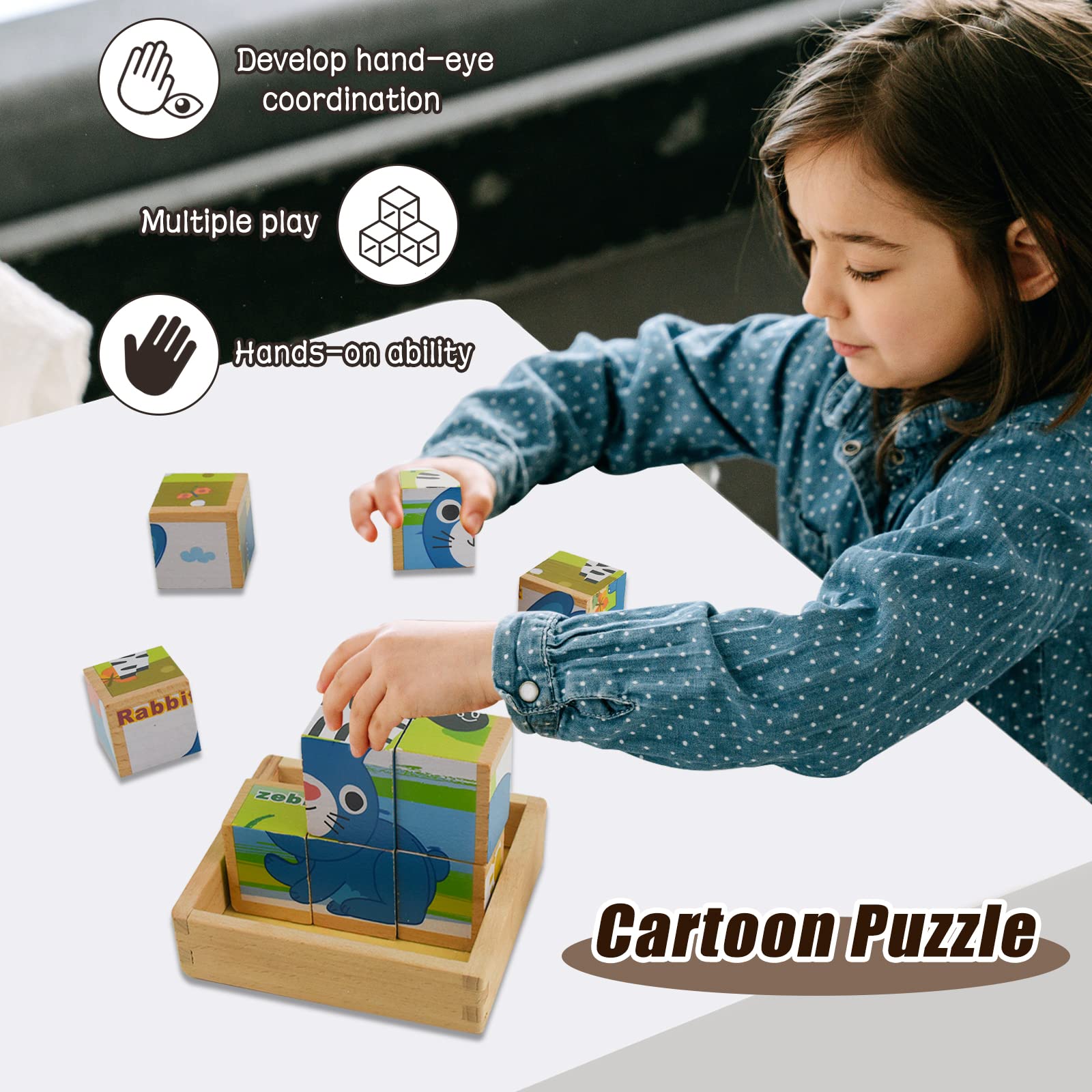 Sześciostronne Drewniane Puzzle 3D Zwierzęta dla Dzieci 4-6 lat - obrazek 6