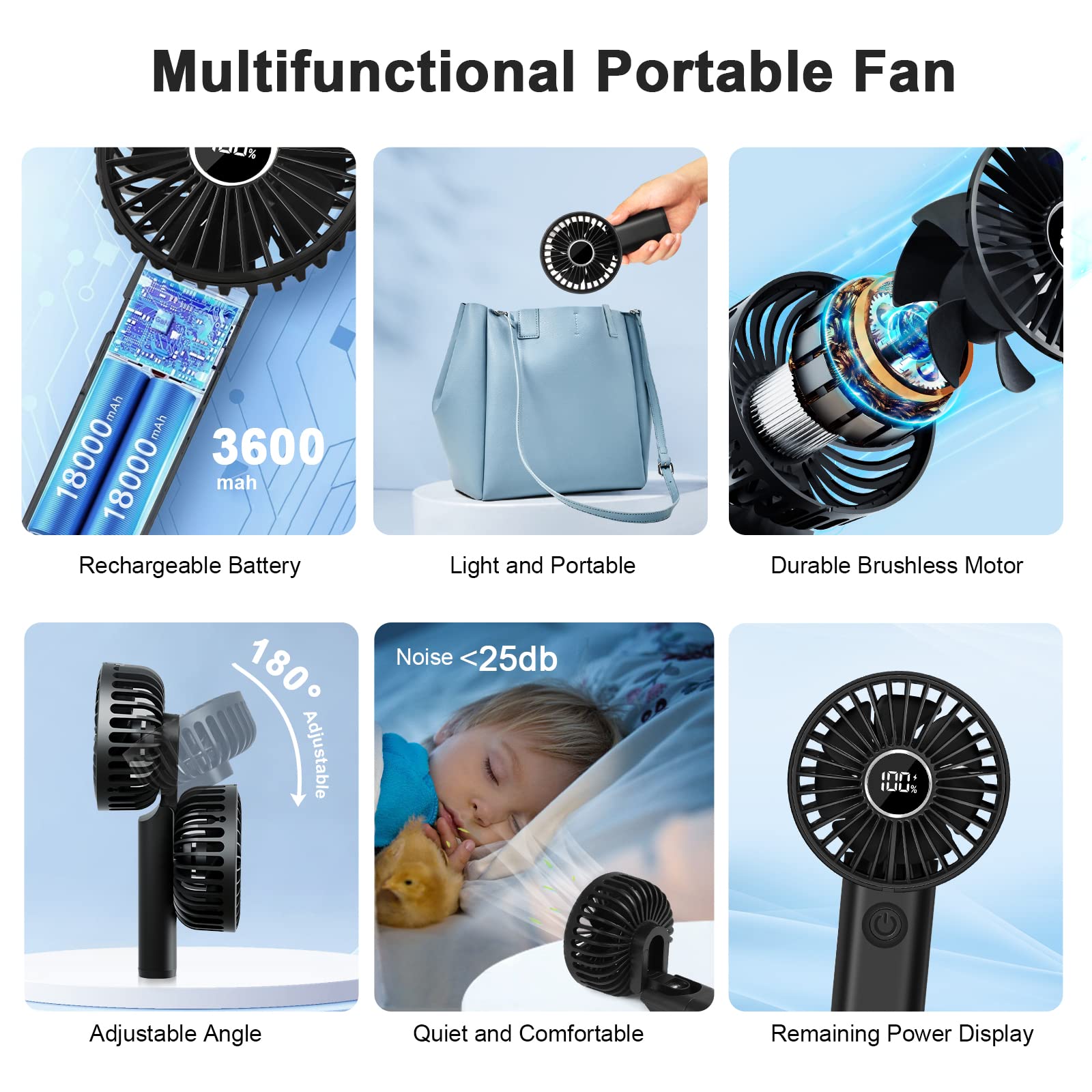 Przenośny mini wentylator USB 3600 mAh z 6 prędkościami - cichy, ręczny - obrazek 3