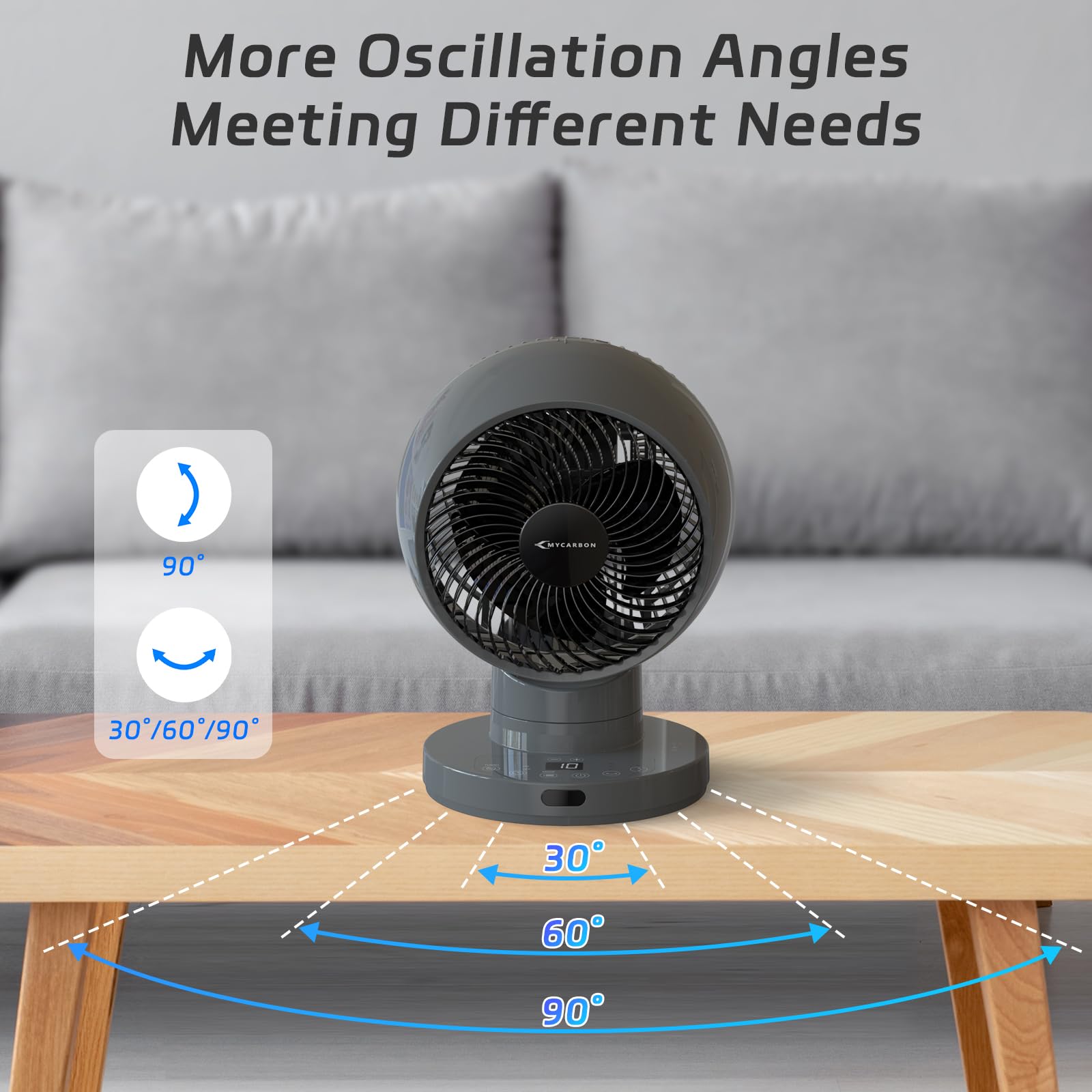 Cichy wentylator MYCARBON DC 30°/60°/90° z oscylacją 10° - Turbo 3D 25 m² - obrazek 7