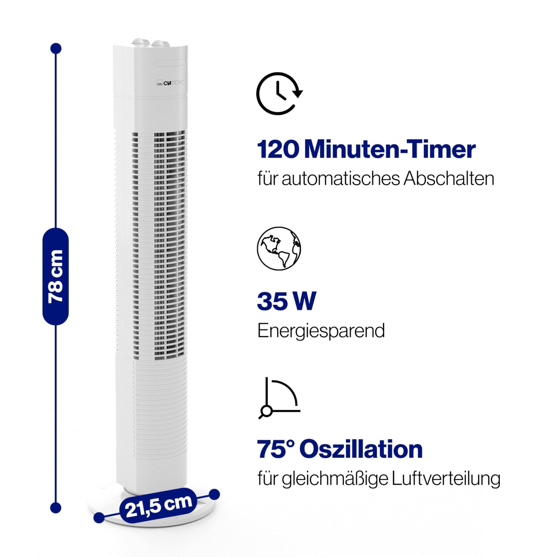 Wentylator wieżowy Clatronic TVL 3770 - 3 prędkości, oscylacja 75°, timer 120 min - obrazek 6