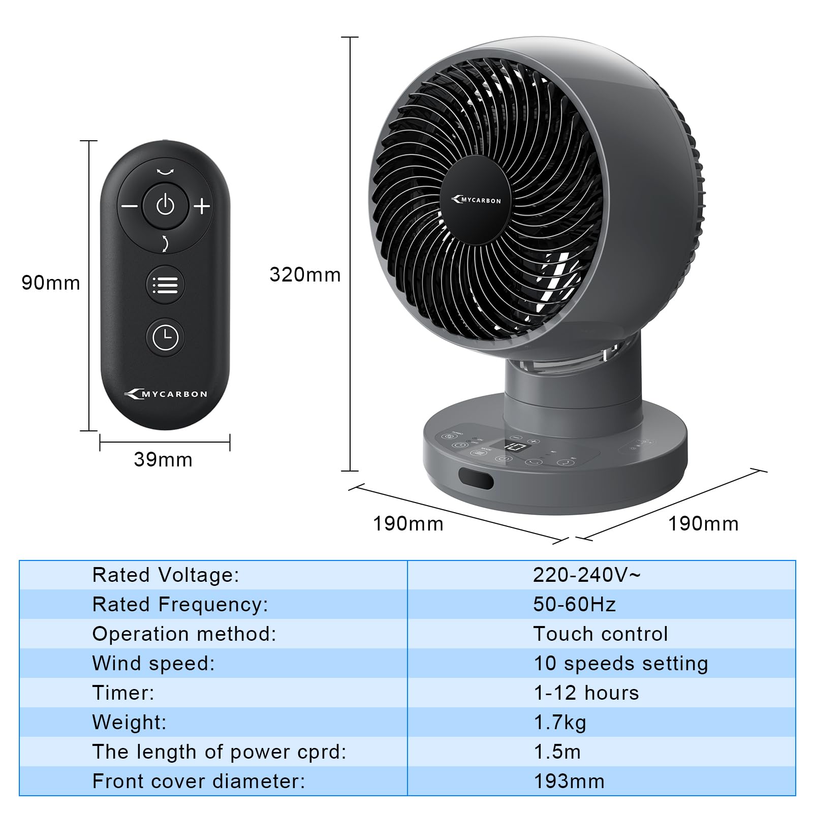 Cichy wentylator MYCARBON DC 30°/60°/90° z oscylacją 10° - Turbo 3D 25 m² - obrazek 2