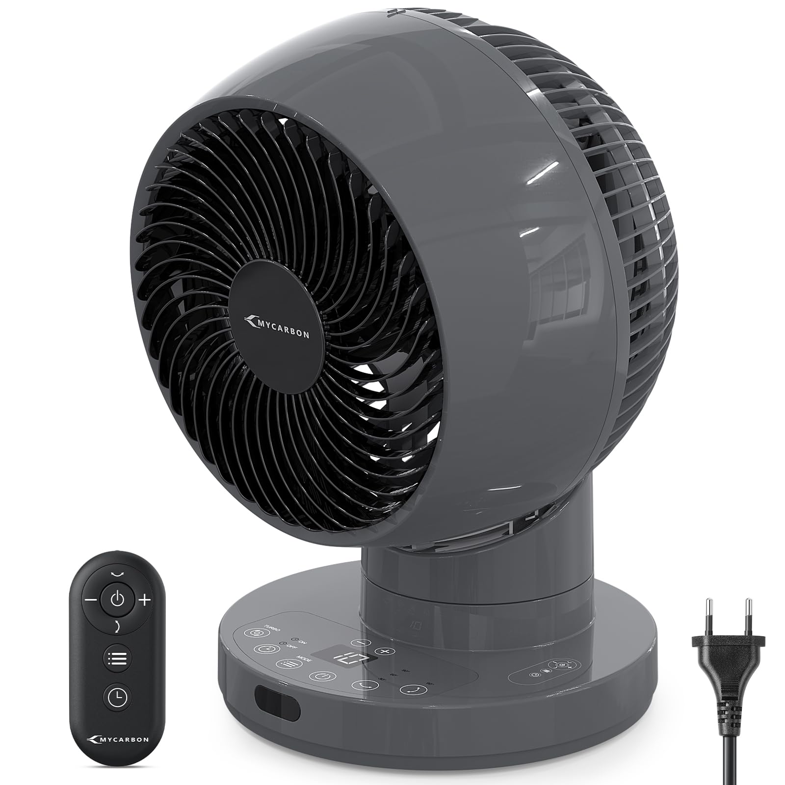 Cichy wentylator MYCARBON DC 30°/60°/90° z oscylacją 10° - Turbo 3D 25 m²