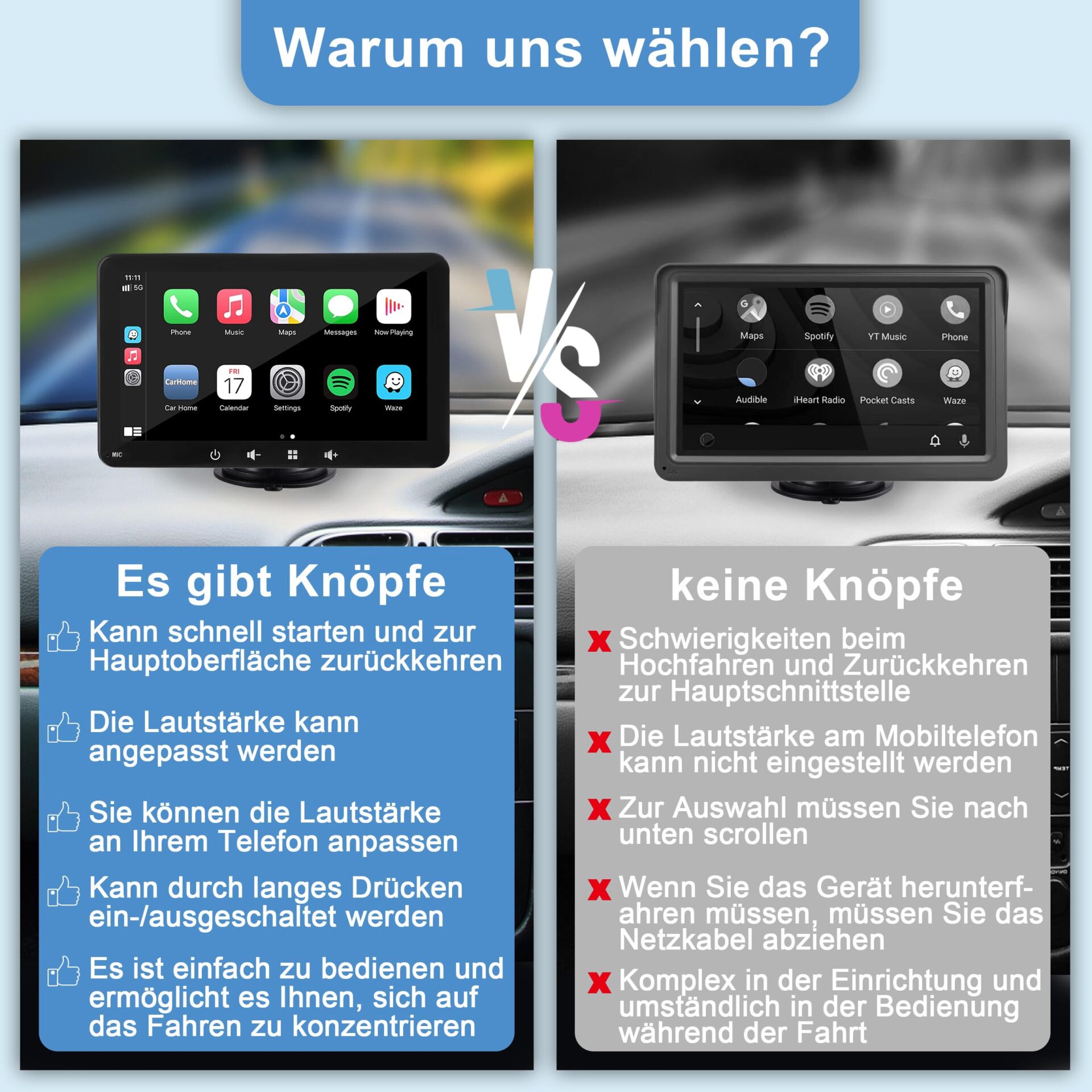 Wyświetlacz samochodowy kompatybilny z CarPlayy i Android Auto radio Wireless Connect przenośny ekran dotykowy Android Carplay 7-calowy ekran dotykowy IPS 1080p Siri Assistant (7 cali) - obrazek 2