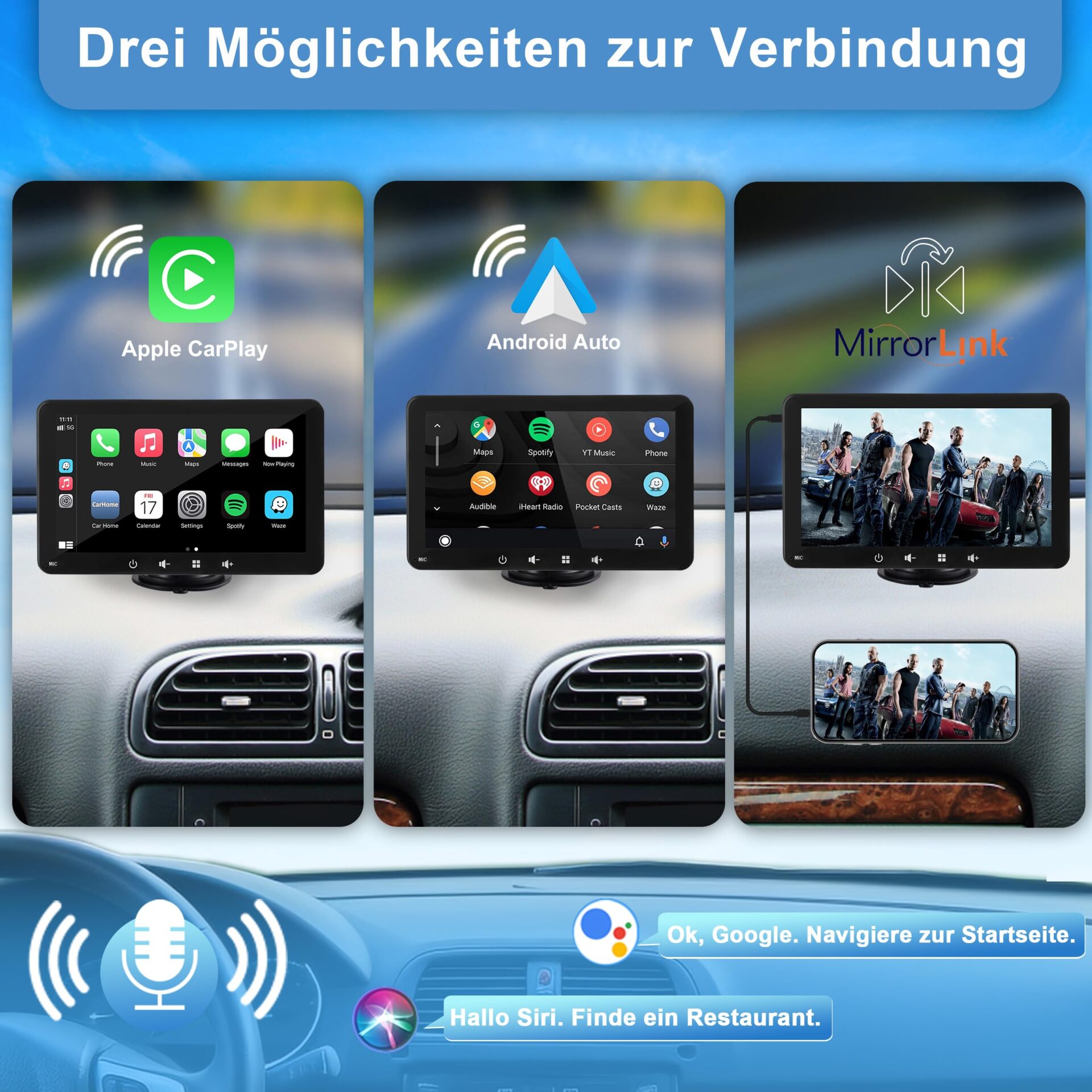 Wyświetlacz samochodowy kompatybilny z CarPlayy i Android Auto radio Wireless Connect przenośny ekran dotykowy Android Carplay 7-calowy ekran dotykowy IPS 1080p Siri Assistant (7 cali) - obrazek 4