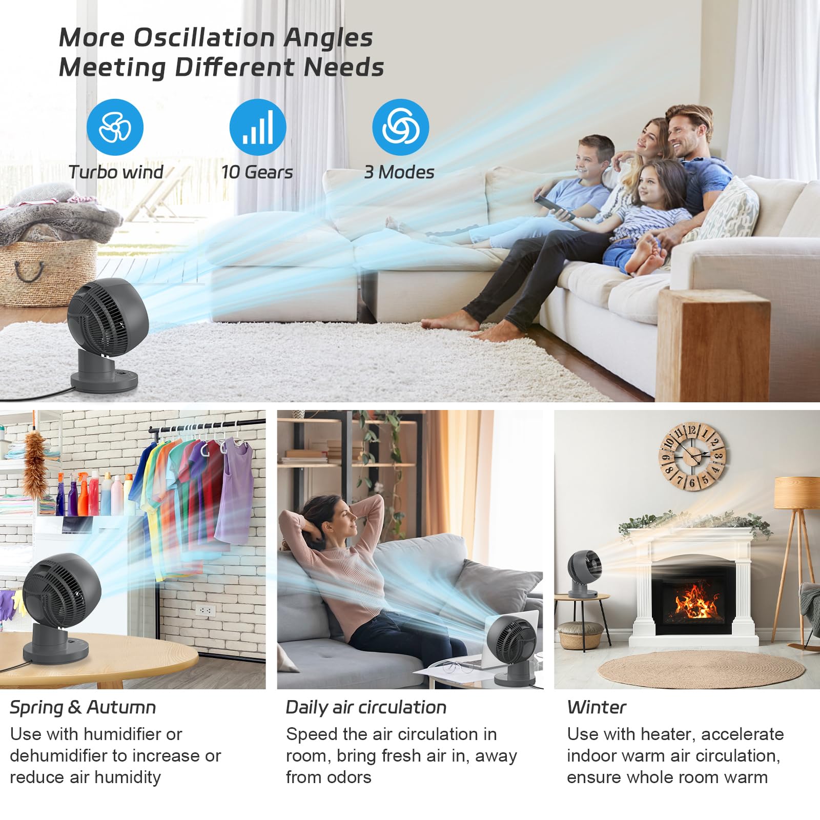 Cichy wentylator MYCARBON DC 30°/60°/90° z oscylacją 10° - Turbo 3D 25 m² - obrazek 3