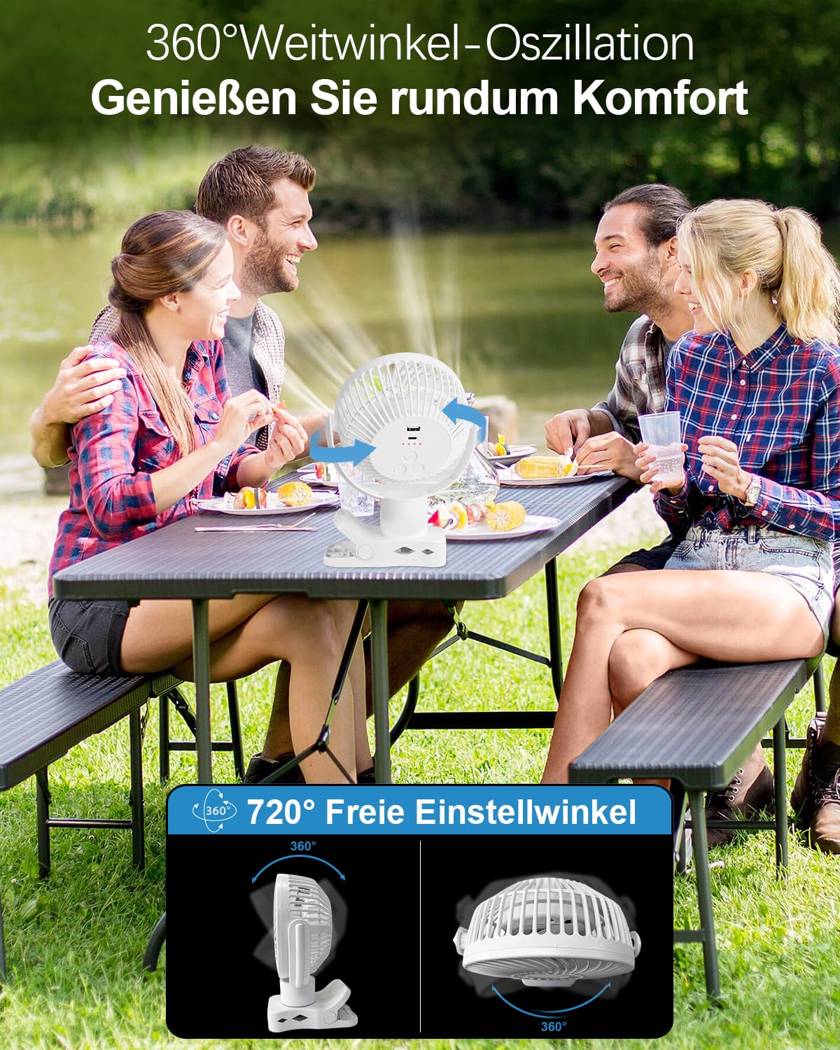 360°Oscylujący wentylator biurkowy, 10000 mAh Mini Wentylator USB Cich - obrazek 6