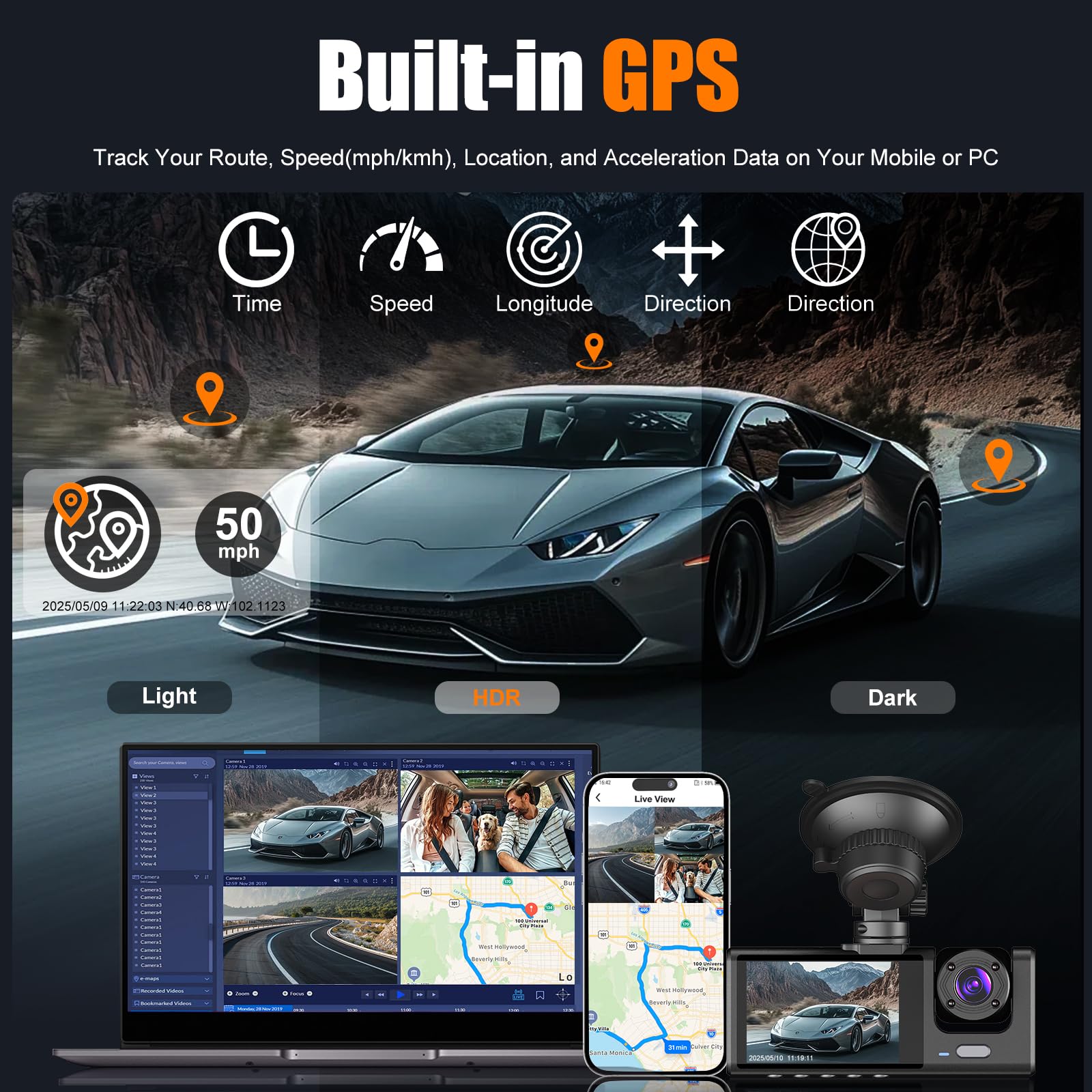 Kamera samochodowa 4K 1080P 3-kanałowa 170° z WiFi i noktowizorem - obrazek 2