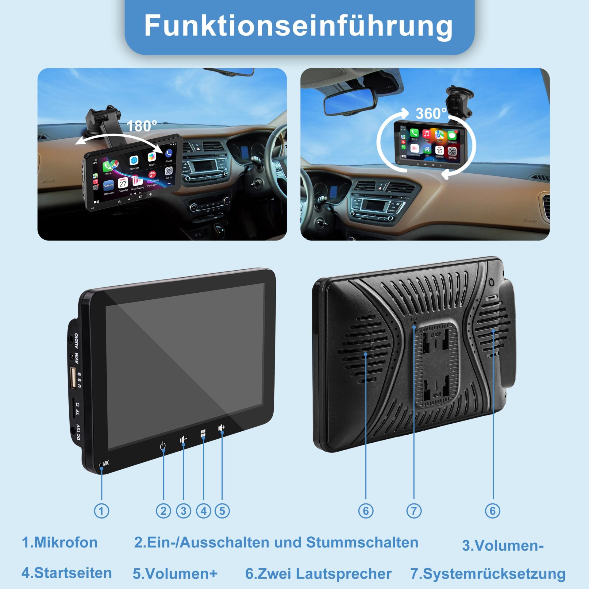 Wyświetlacz samochodowy kompatybilny z CarPlayy i Android Auto radio Wireless Connect przenośny ekran dotykowy Android Carplay 7-calowy ekran dotykowy IPS 1080p Siri Assistant (7 cali) - obrazek 6