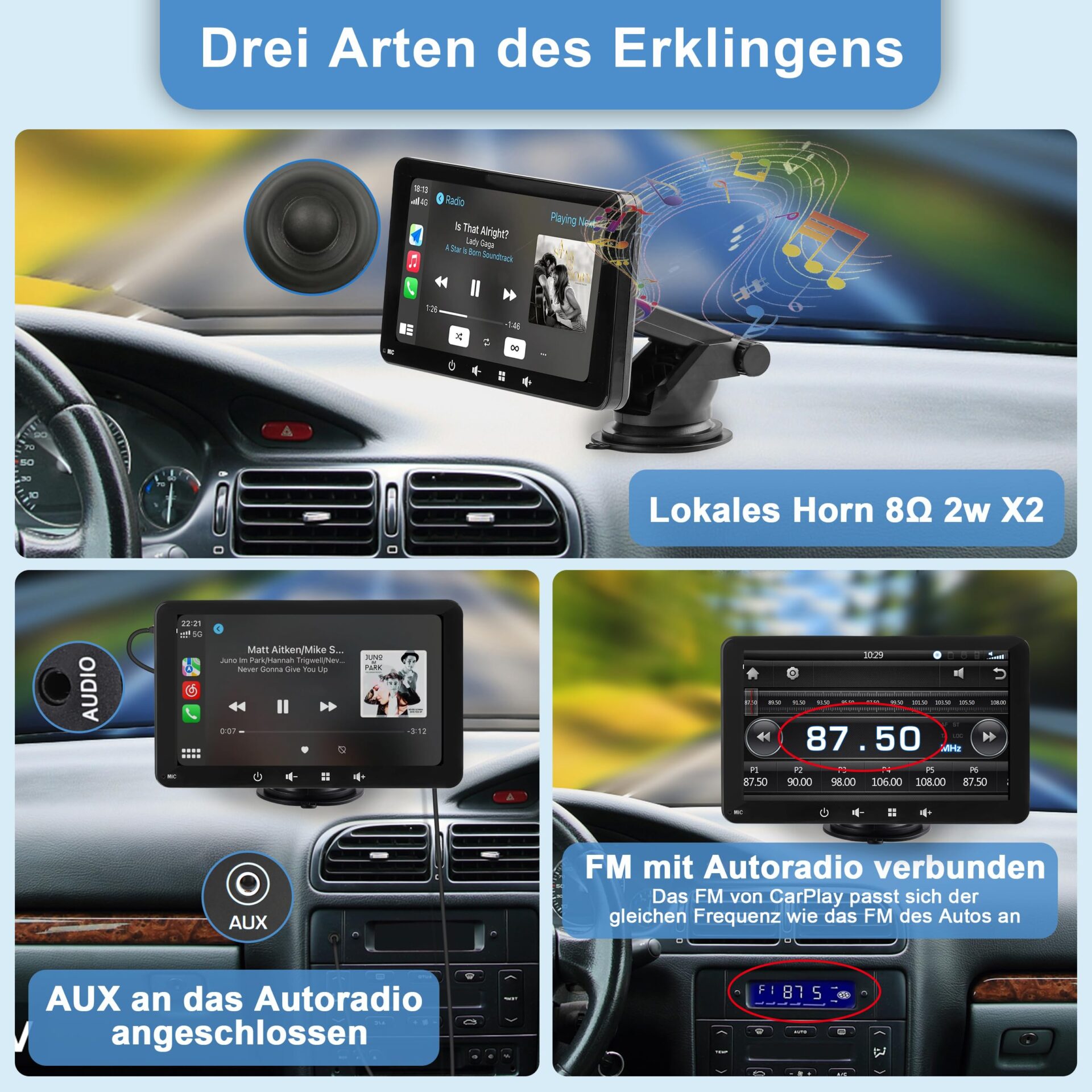 Wyświetlacz samochodowy kompatybilny z CarPlayy i Android Auto radio Wireless Connect przenośny ekran dotykowy Android Carplay 7-calowy ekran dotykowy IPS 1080p Siri Assistant (7 cali) - obrazek 3