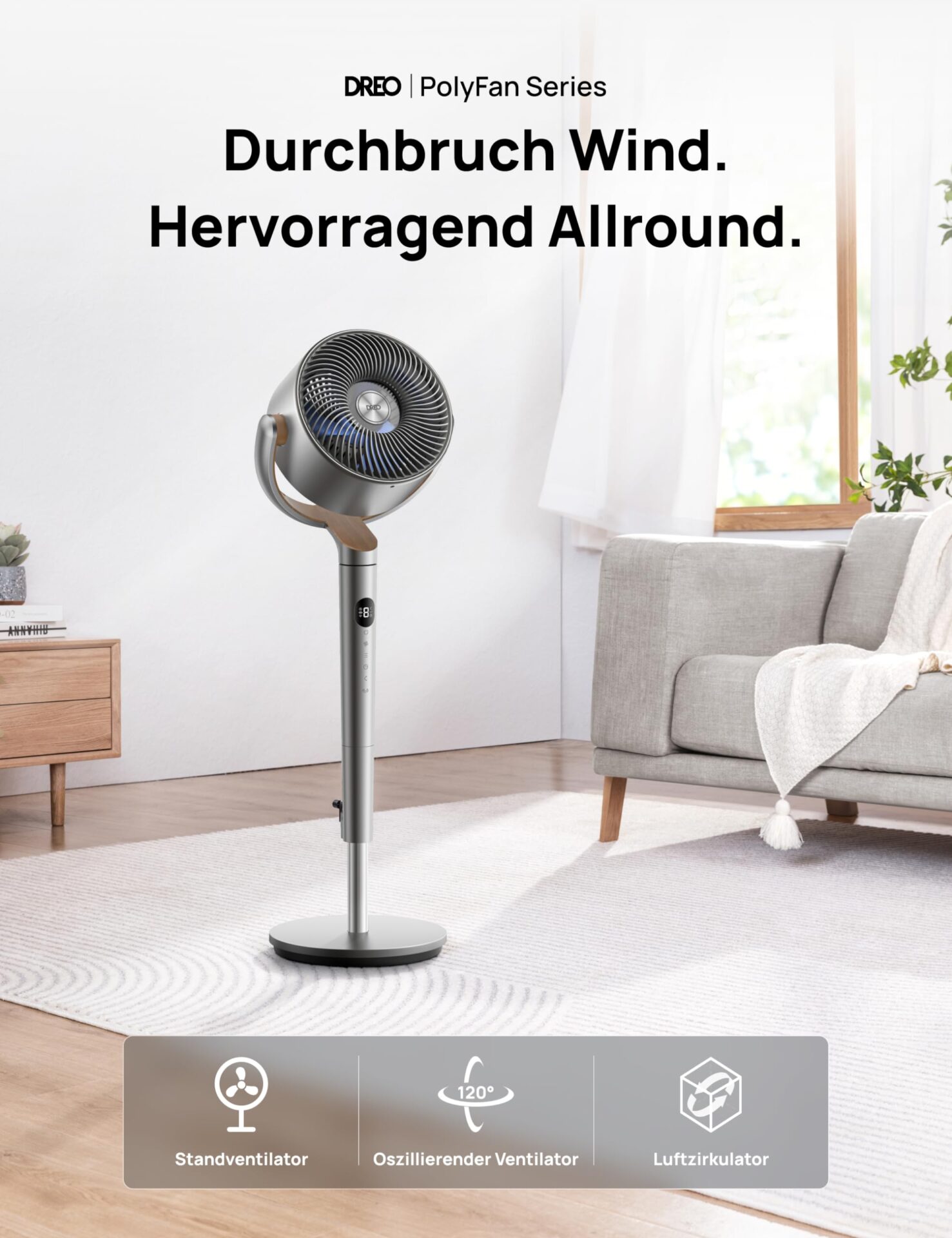 Cichy wentylator Dreo 23dB, 120° oscylacja, 8 prędkości, 102CM wysokości - obrazek 6