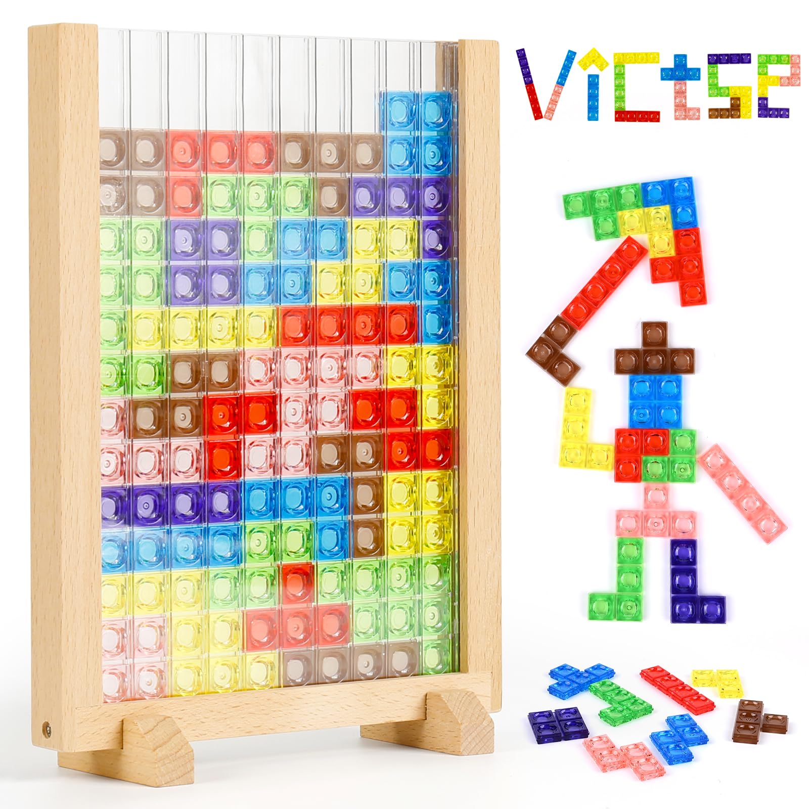 Victse Tetris Puzzle 3D – Kolorowe drewniane zabawki Montessori dla dzieci 3-6 lat
