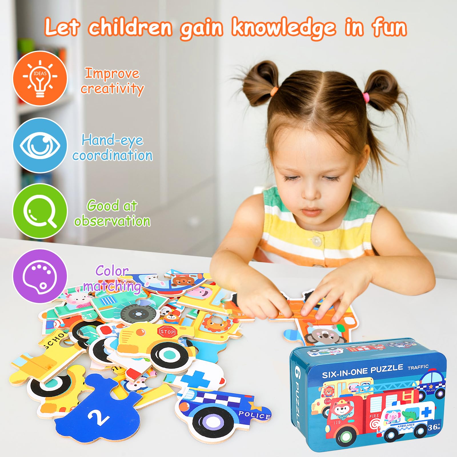 Drewniane puzzle edukacyjne dla dzieci – 6 zwierząt w pudełku - obrazek 4