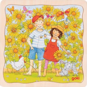 Schichtenpuzzle Sonnenblumenfeld: 20 x 20 x 1,1 cm, Holz, 3 Schichten,